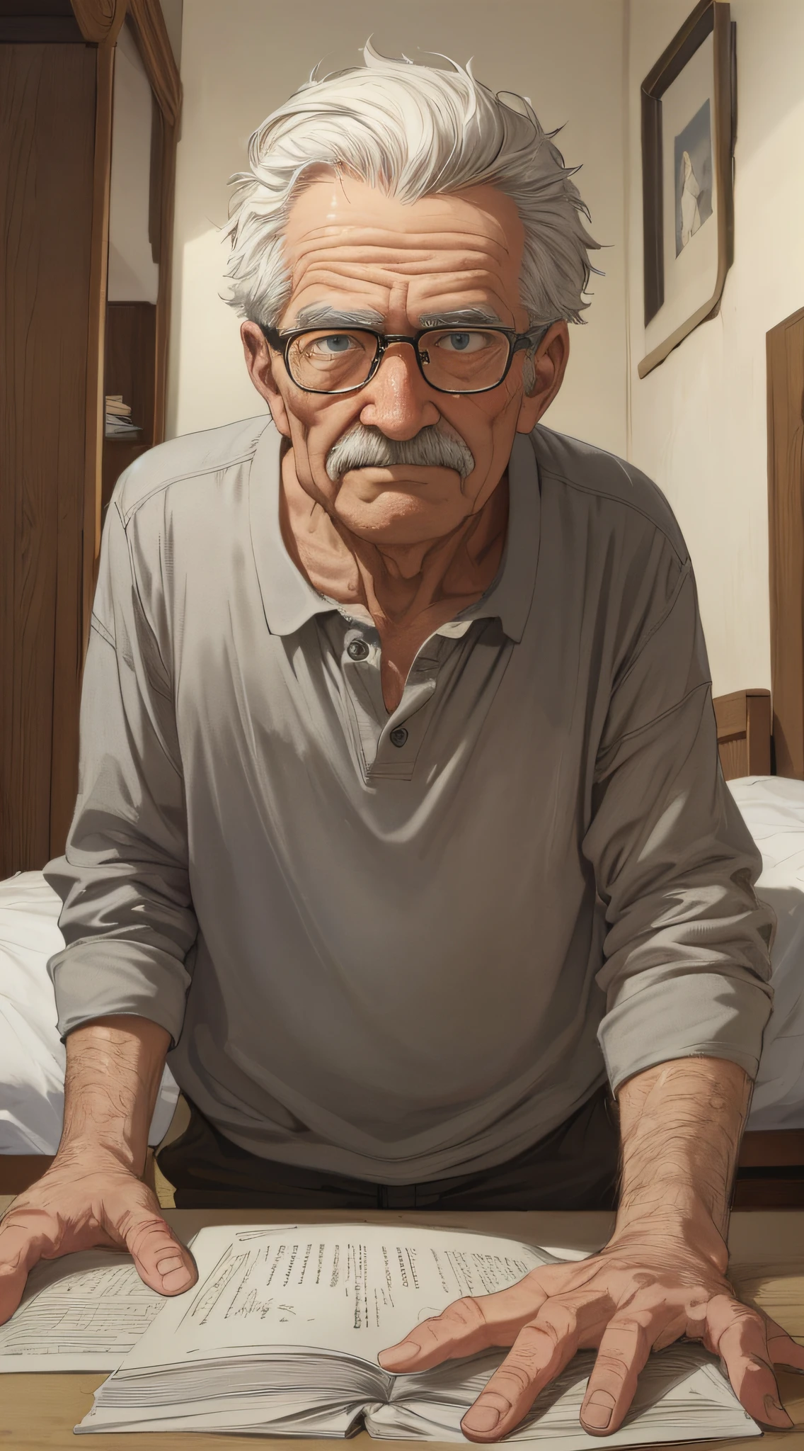 Realistic, (best quality, masterpiece: 1.3), old man, in the bedroom