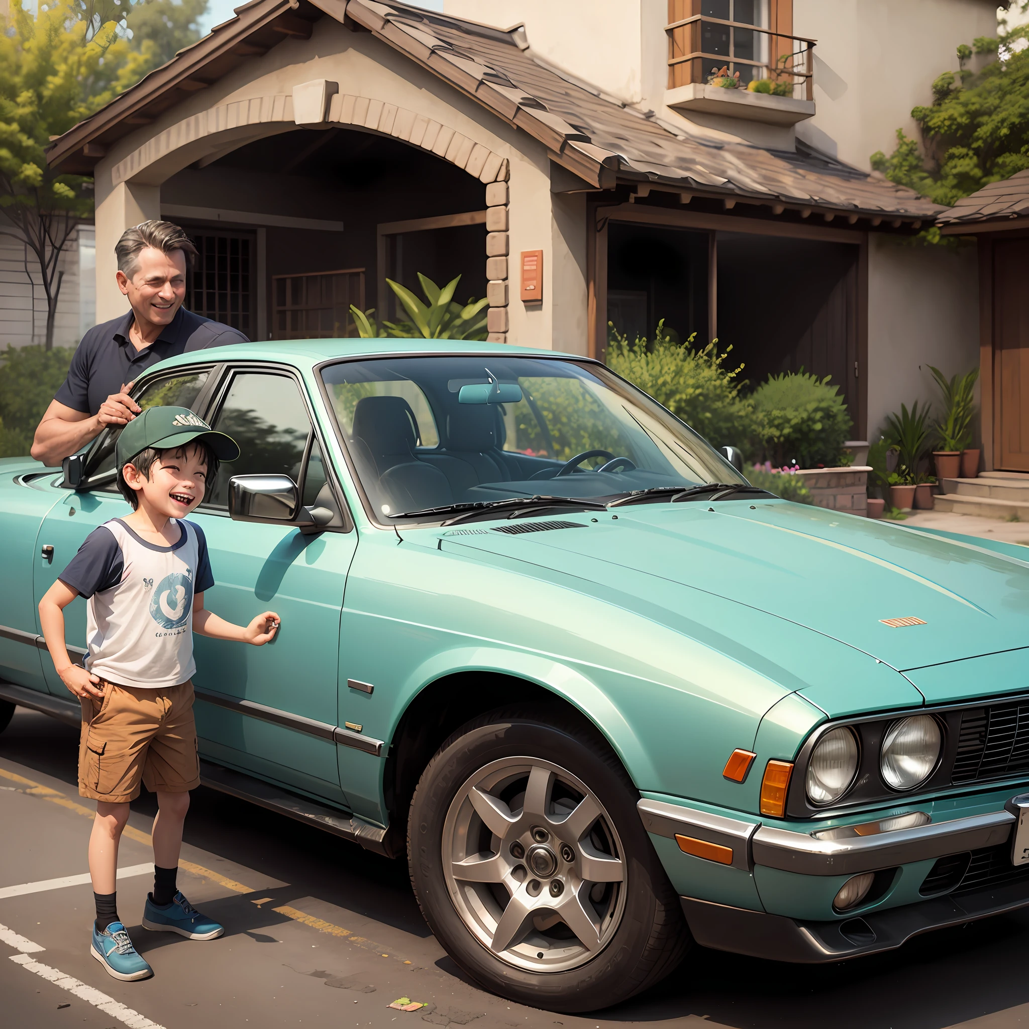 The is happy to wash the car with his father