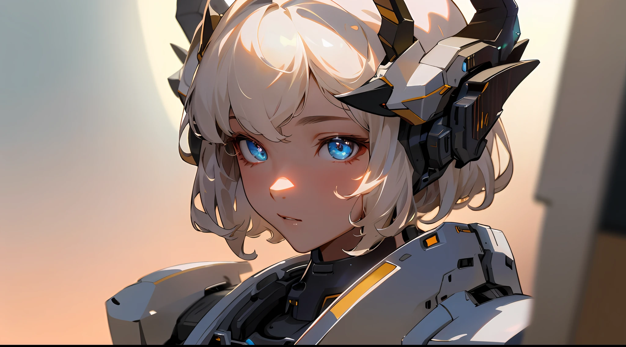Medium Shot, Medium Shot, Depth of Field, Bust, Upper Body, Cinematic Angle, Masterpiece, Best Quality, Ultra Detail, CG, 8K Wallpaper, Beautiful Face, Delicate Eyes, A Robot, Solo, Rich Color, Gradient, (Glow:1.2), Complex Background, Helmet, Horns