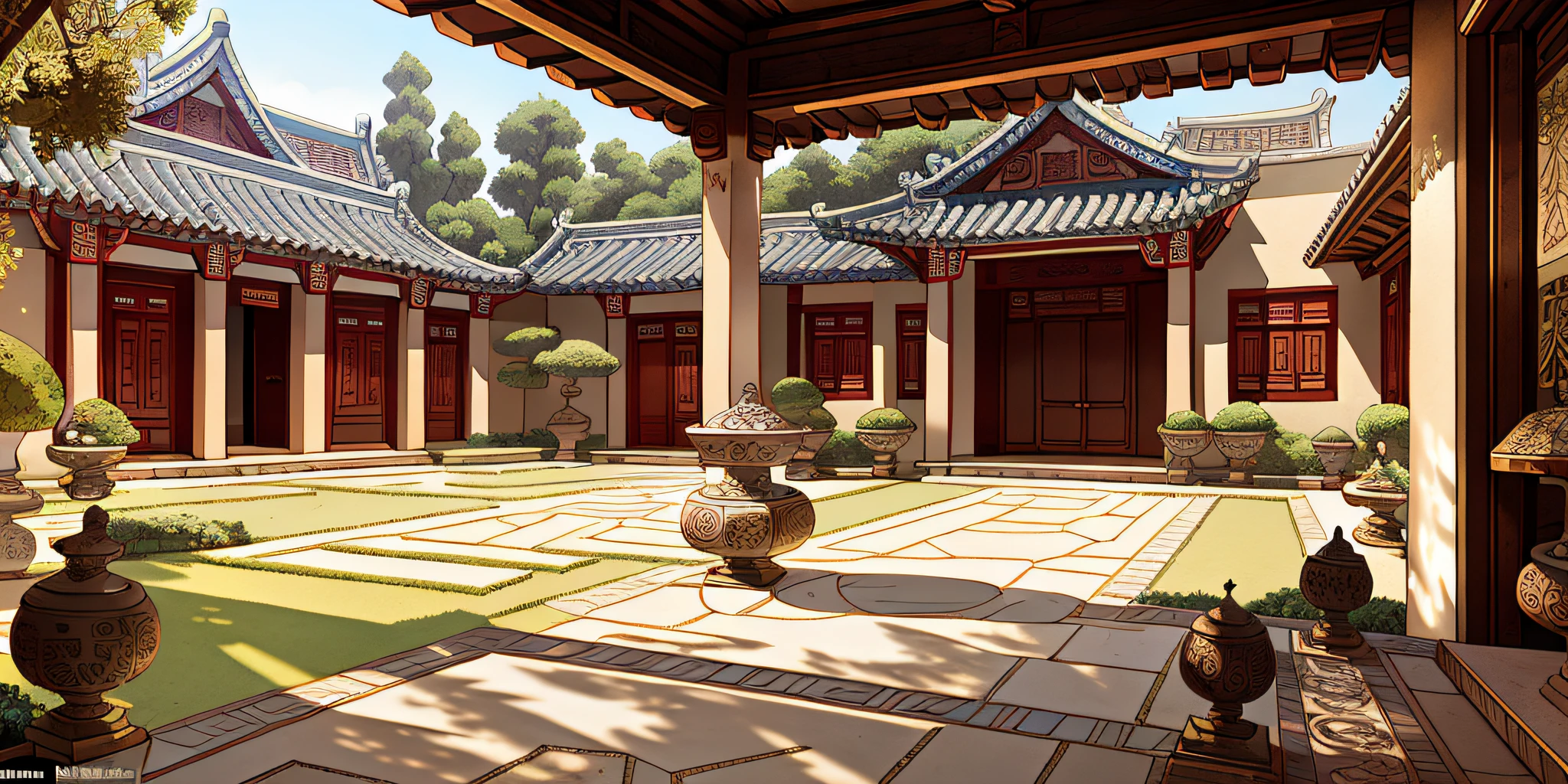 Masterpiece, the best quality, high quality, extremely detailed, ancient Chinese courtyard is generally composed of courtyards, surrounded by four low walls, the courtyard building layout is reasonable, divided into entrance halls, guest rooms, garden shade and other areas. The floor of the yard is mostly paved with bluestone slabs or stones