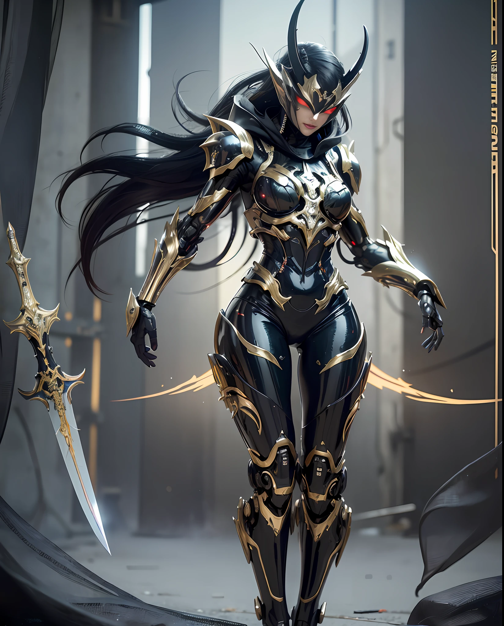 The metamorphosis Ashura god female, demon cyborg, robotic body parts, cyborg arms, cybernetic body parts, futuristic, symbiote gryphon, beauty, ashura god, hell domain, hyper detailed, hyper realistic, pentagram, wide shoot, realistic, RAW, 8K, insane detailed, insane realistic, brutallism, ashura sword, fashion inspired, on the big alien portal, assassin cloak, gold glossy 100 carats, silver chrome