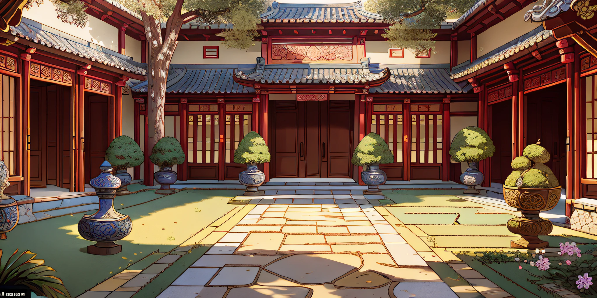 Masterpiece, the best quality, high quality, extremely detailed, ancient Chinese courtyard is generally composed of courtyards, surrounded by four low walls, the courtyard building layout is reasonable, divided into entrance halls, guest rooms, garden shade and other areas. The floor of the yard is mostly paved with bluestone slabs or stones