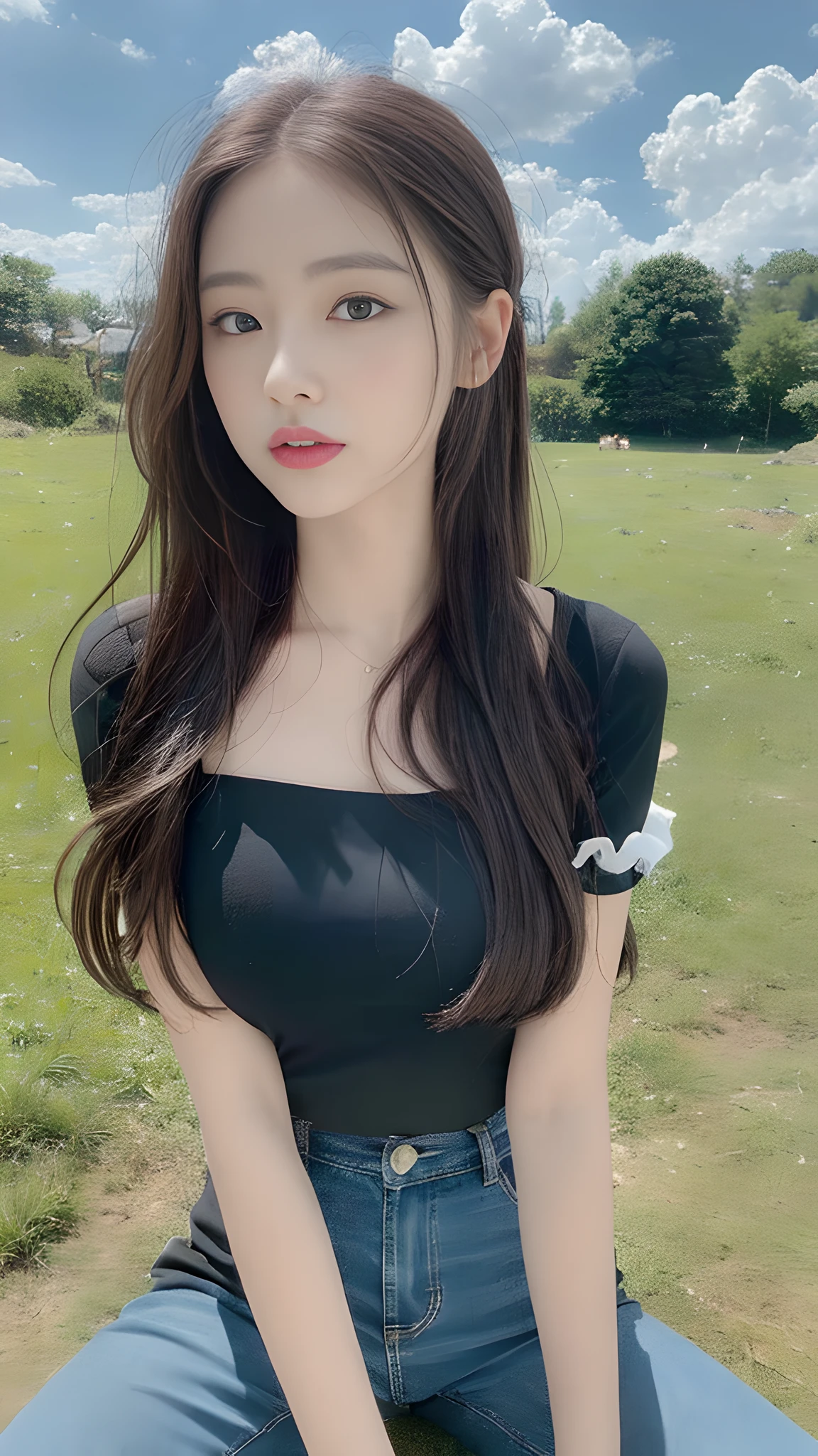 ((Best Quality, 8K, Masterpiece:1.3)), A beautiful girl, pure, melon face, gentle and cute, thin figure, partial head, upper body leaning forward, short-sleeved shirt, lower body wide-leg pants, silky hair, long straight black hair, round black big eyes, clear big eyes, moist red lips, sweet, sitting, blue sky and white clouds, sunlight, grassland background,