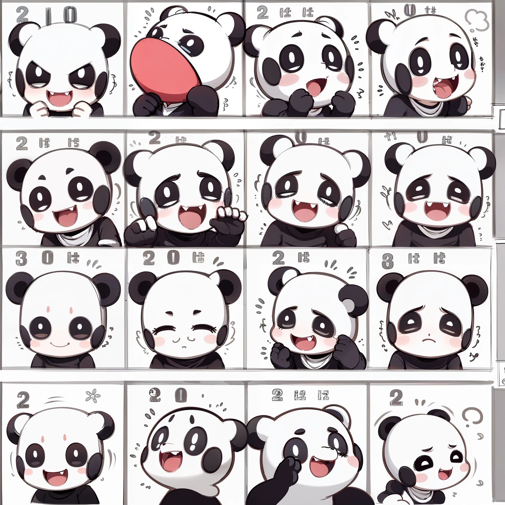 (emoji expression sheet: 1.5), a cute giant panda, different expressions, exaggerated different postures, high-quality character design, cartoon concept art, 2D, (white background: 1.5), simple background, emotions [happy, sad, angry, crying, dizzy, slapped, sleepy, eating, dizzy, shy, expectant, cute, laughing], etc