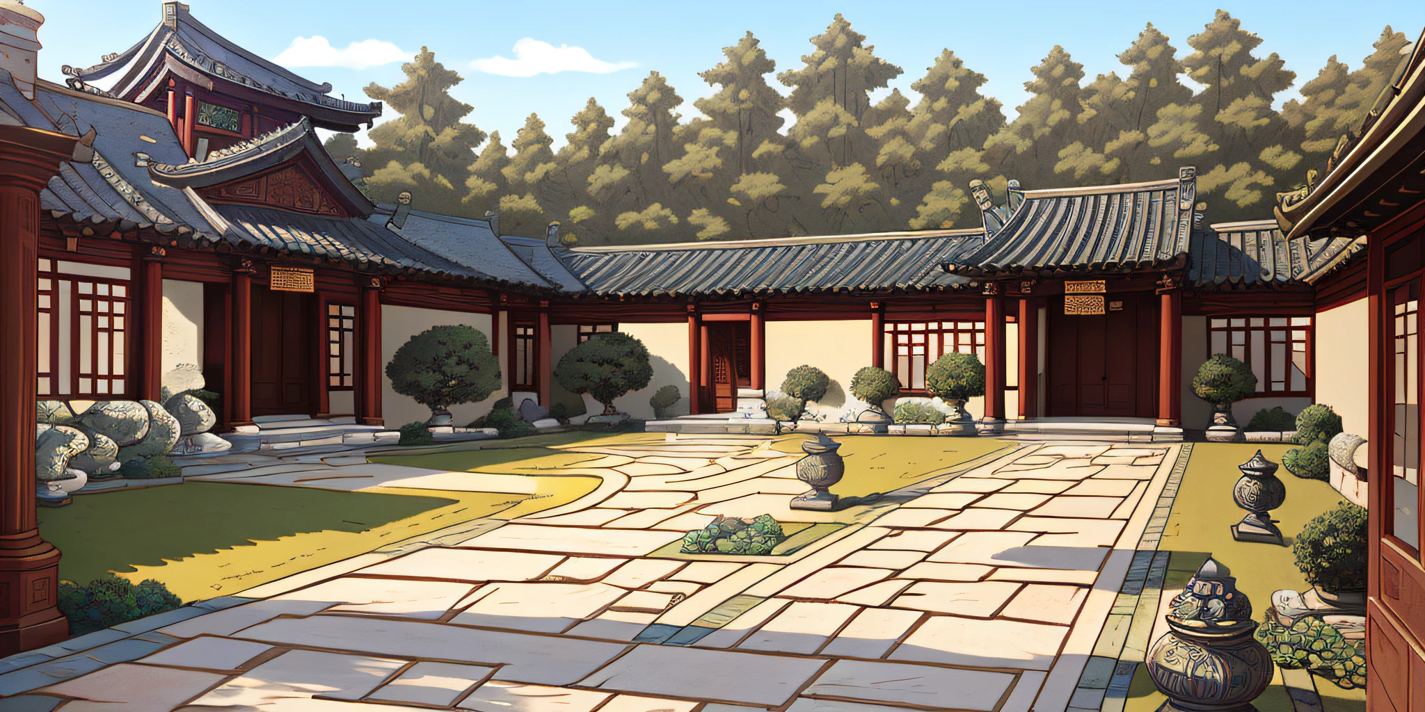 Masterpiece, the best quality, high quality, extremely detailed, a row of Chinese courtyards, the walls of the courtyard are made of bluestone or other stone, and the gates of the staff are made of wood