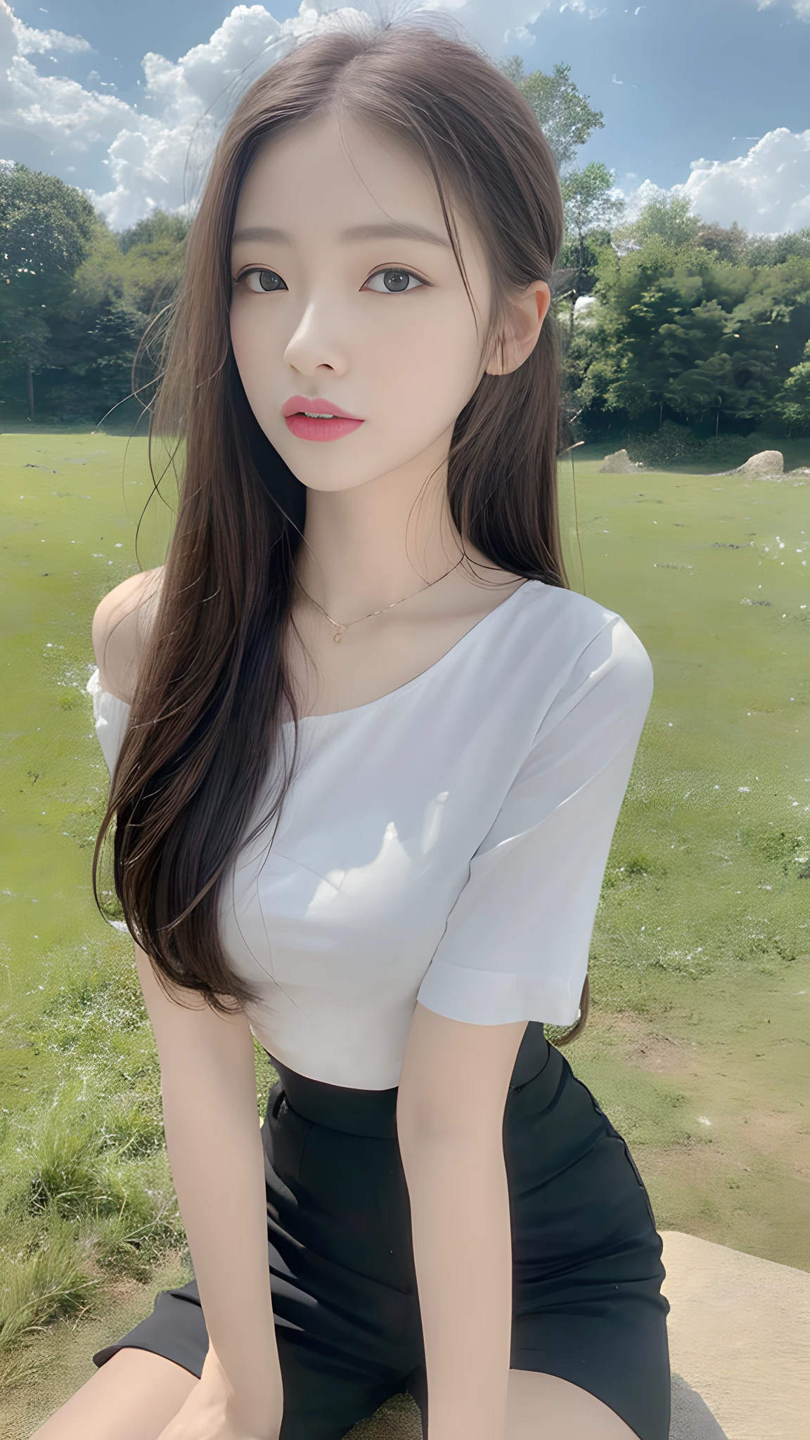 ((Best Quality, 8K, Masterpiece:1.3)), A beautiful girl, pure, melon face, gentle and cute, thin figure, partial head, upper body leaning forward, short-sleeved shirt, lower body wide-leg pants, silky hair, long straight black hair, round black big eyes, clear big eyes, moist red lips, sweet, sitting, blue sky and white clouds, sunlight, grassland background,