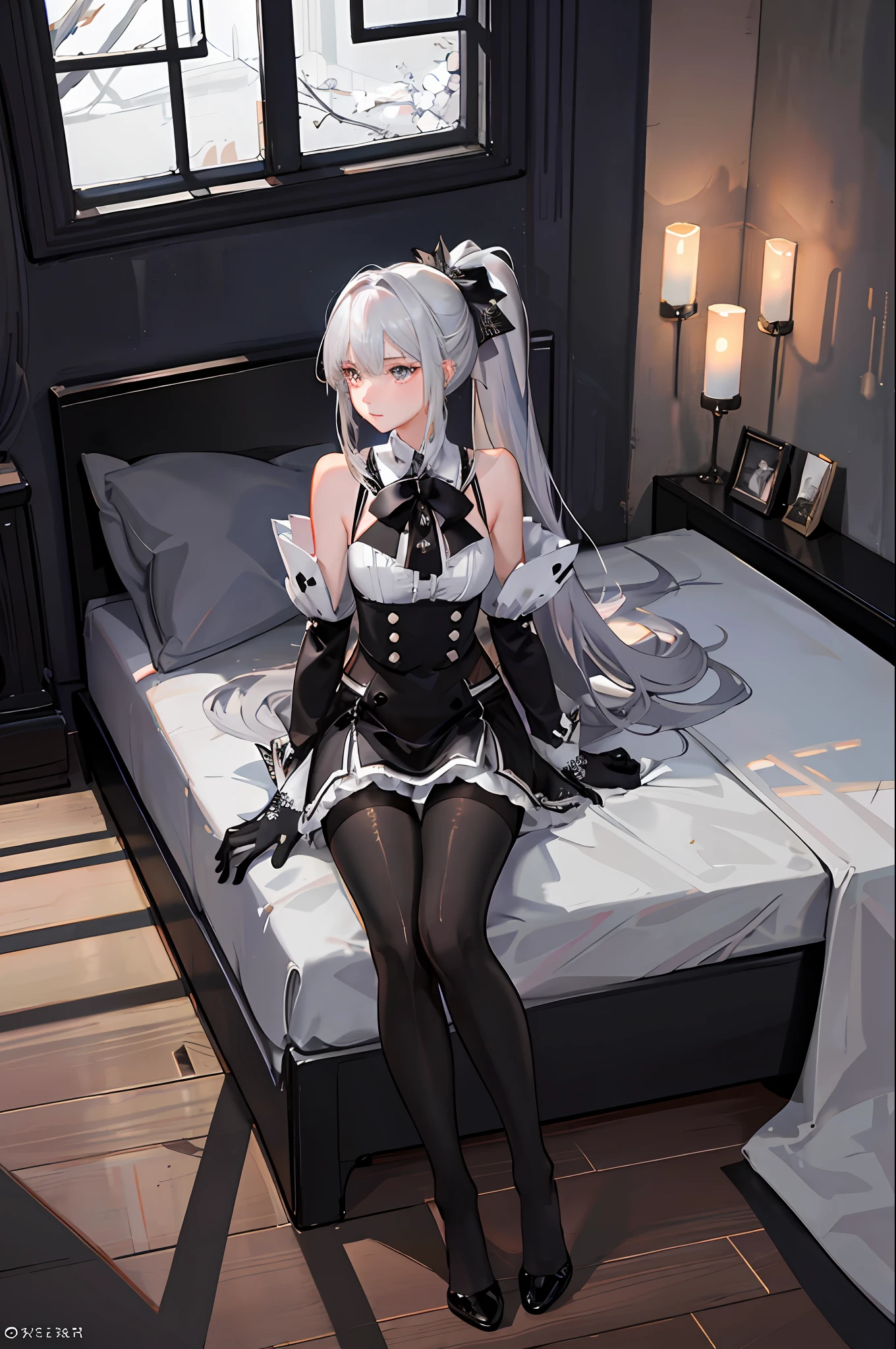 (((1 girl)),ray tracing,(dim lighting),[detailed background (bedroom)),((silver hair)),((silver hair)),(Fluffy silver hair, plump slender girl)) with high ponytail)))) Avoid blonde eyes in the ominous bedroom ((((Girl wears intricately embroidered black high-waisted pants with pantyhose) and white ruffled bow gloves), showing a delicate slim figure and graceful curves, correct limbs, sitting on the bed