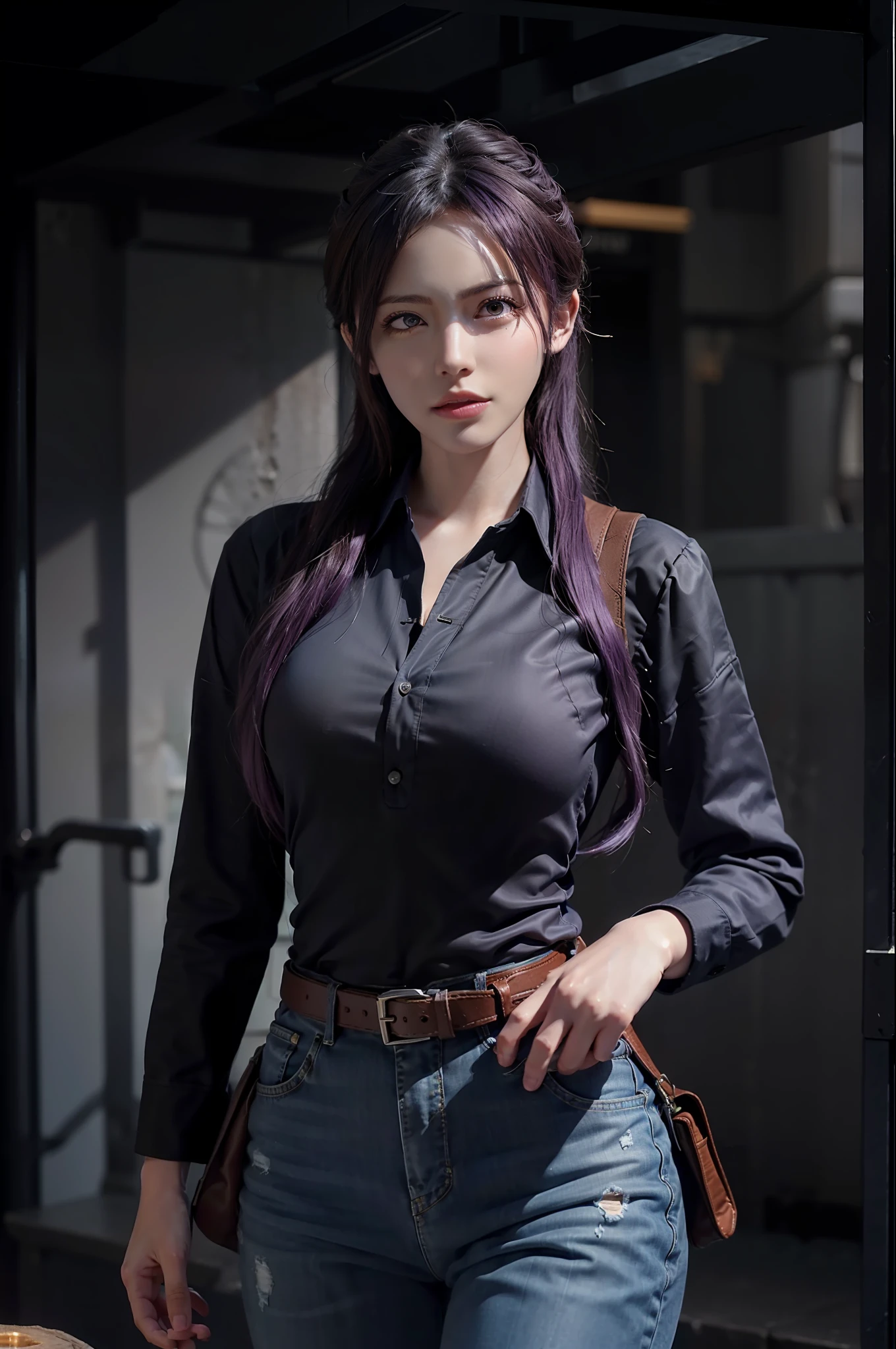 Hyperrealist portrait of female, photo realistic, dynamic lighting, artstation, poster, volumetric lighting, very detailed faces, 4k, award winning,, 1girl, deep shadow, low key,cowboy shot,(official clothing:1.4) ,long purple hair