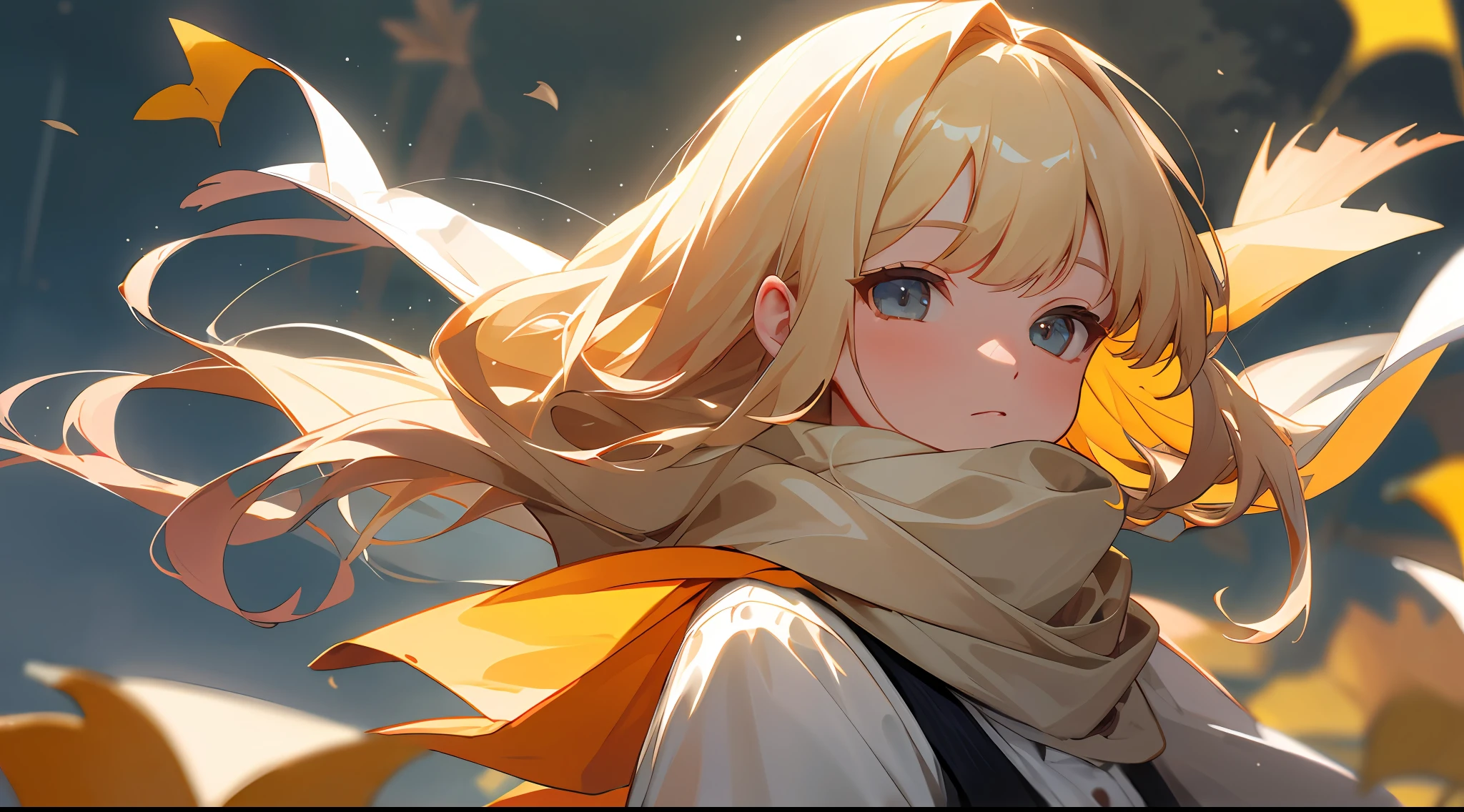 Medium Shot, Medium Shot, Depth of Field, Bust, Upper Body, Movie Angle, Masterpiece, Best Quality, Ultra Detailed, CG, 8K Wallpaper, Beautiful Face, Delicate Eyes, 1girl, Solo, Blonde, Long Hair, Floating Hair, Bangs, Shirt, Scarf, Outdoor, Long Sleeves, Wind, Autumn, Maple Leaf, Fallen Leaves, Blurred Background, Sky, Ginkgo Bilo
