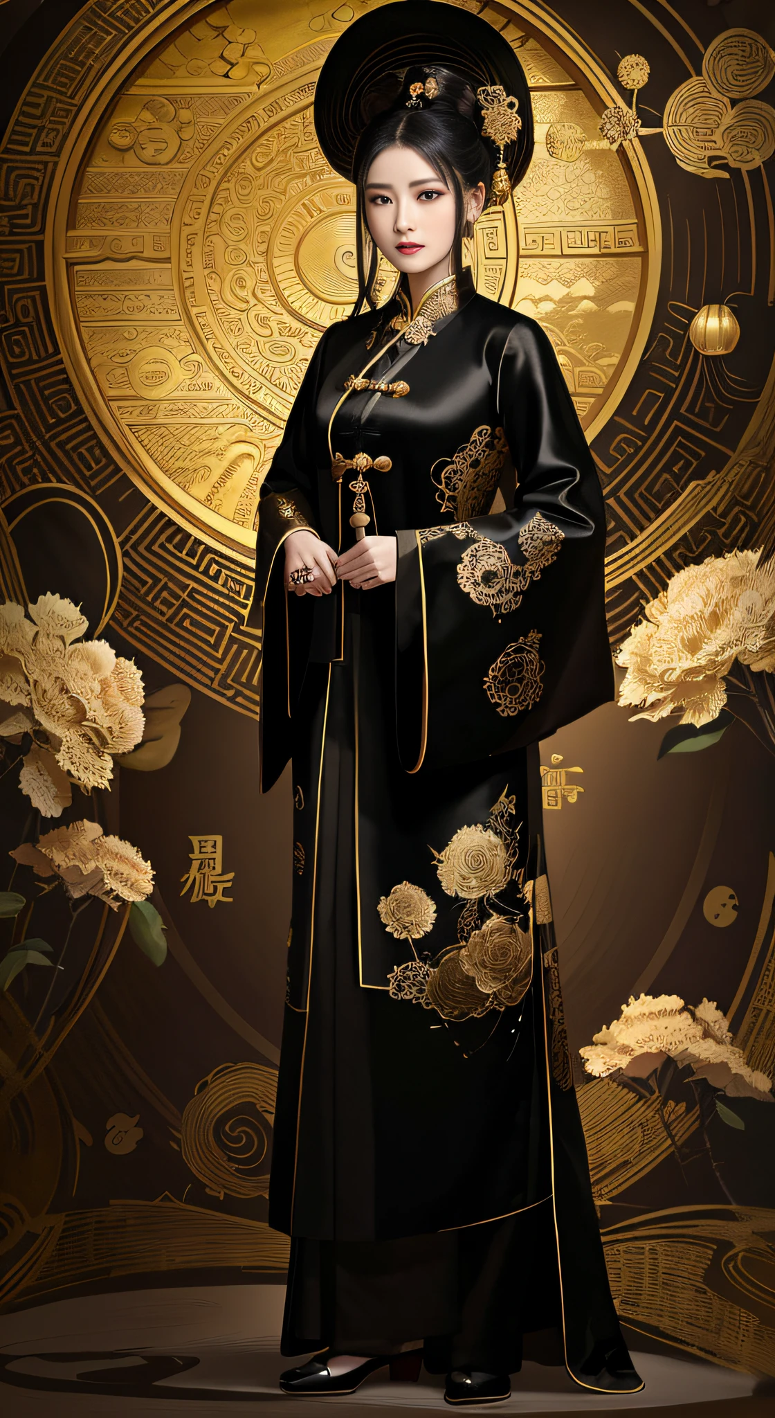 arafed woman in a black and gold dress standing in front of a large clock, wearing ornate silk clothes, palace , a girl in hanfu, woman in black robes, with acient chinese clothes, ancient chinese goddess, chinese costume, wearing ancient chinese clothes, traditional chinese clothing, ancient chinese princess, ancient china art style, hanfu, wearing a luxurious silk cloak