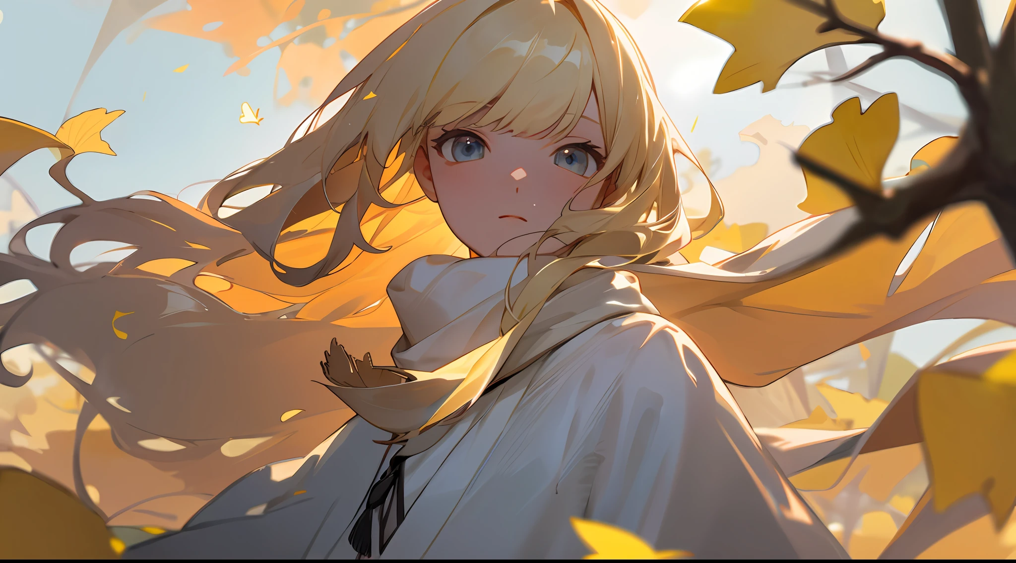 Medium Shot, Medium Shot, Depth of Field, Bust, Upper Body, Movie Angle, Masterpiece, Best Quality, Ultra Detailed, CG, 8K Wallpaper, Beautiful Face, Delicate Eyes, 1girl, Solo, Blonde, Long Hair, Floating Hair, Bangs, Shirt, Scarf, Outdoor, Long Sleeves, Wind, Autumn, Maple Leaf, Fallen Leaves, Blurred Background, Sky, Ginkgo Bilo