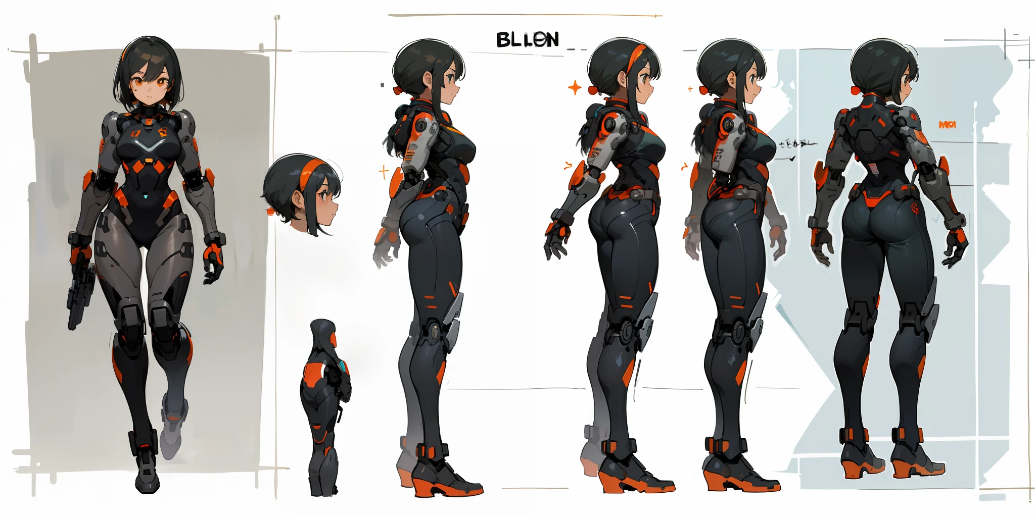 1 black female, character sheet, concept art, full body, (masterpiece:1.2), (best quality:1.3), 1girl, standing, cyborg, orange black scifi bodysuit, mecha armor
