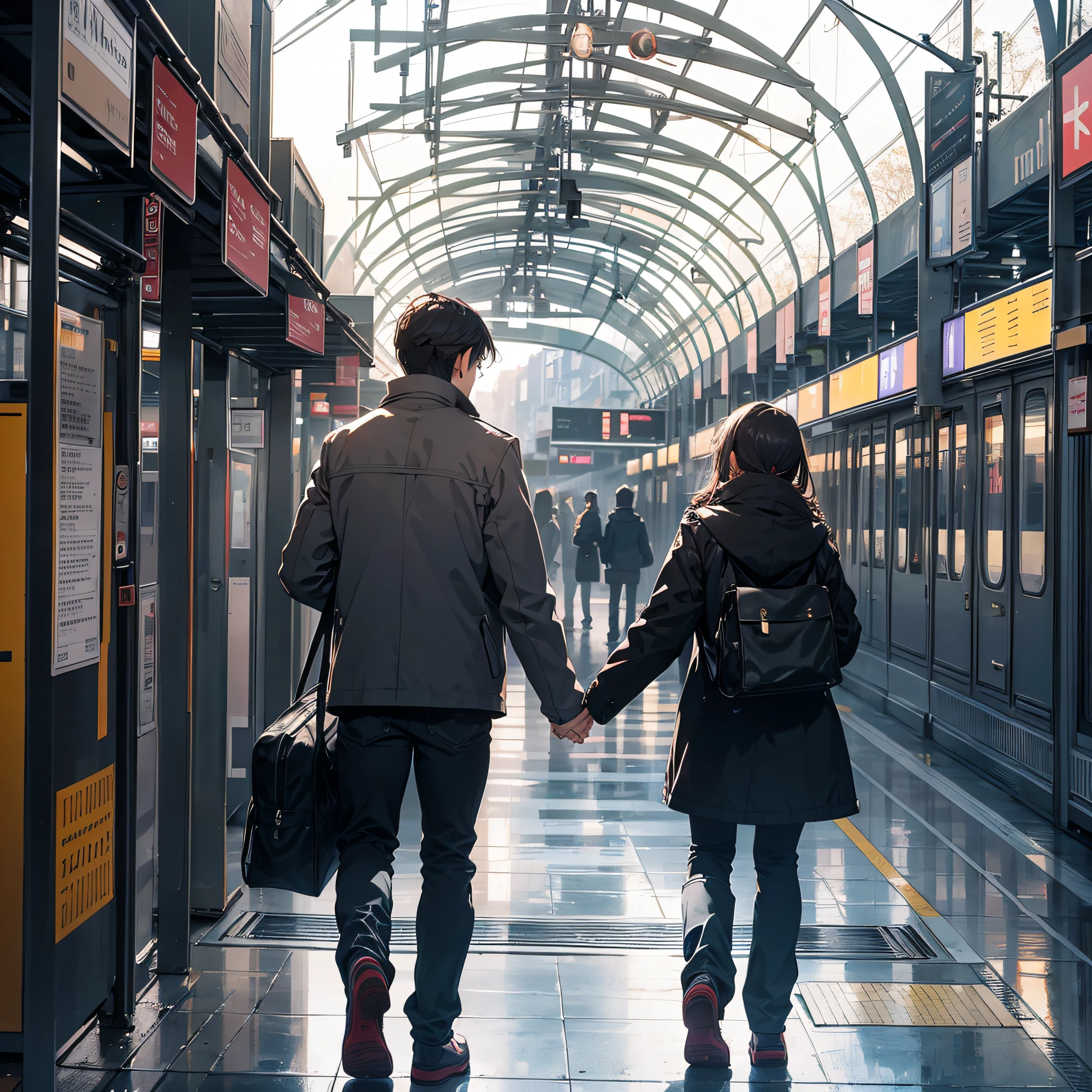 A man and a woman go in opposite directions, train stations, sad atmosphere, parting