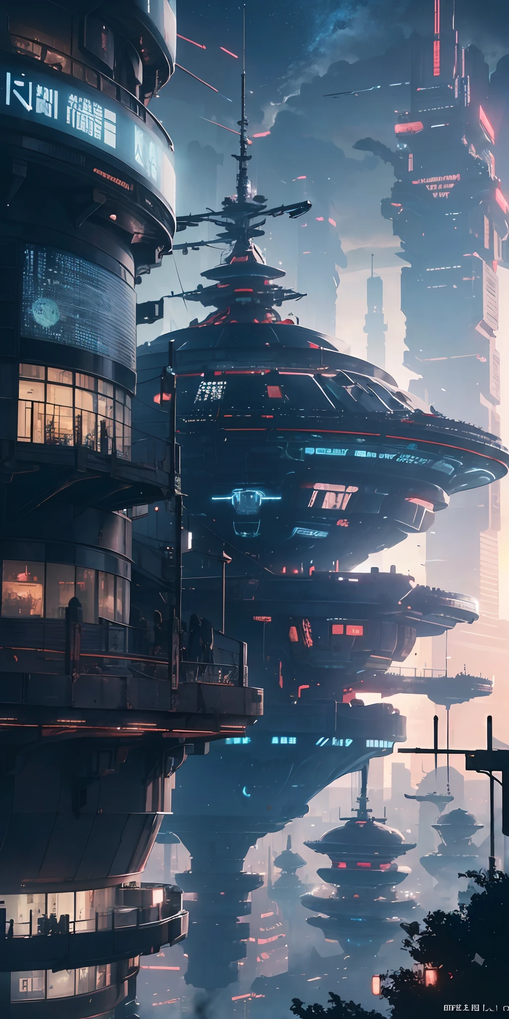 futuristic cityscapes, ((Cyborg)), (irregular architecture), mechanical, (cyberpunk), (hovering trains), drones, realistic lighting, (abyss) masterpieces, high quality, beautiful anime, high detail, ((looming flying saucers and ships in the sky)), vision (wide-angle lens), ultra-high resolution (anime: 1.4), ultra-high quality, 8k wallpapers, aesthetics, high detail, detail enhancement, blur removal, The art of intricacies and travel. Visually stunning. Beautiful futuristic city, beautiful city, Chinese dream land, pexels, blue hour photography, Chinese dreamland, spectacular clouds, fantasy clouds.