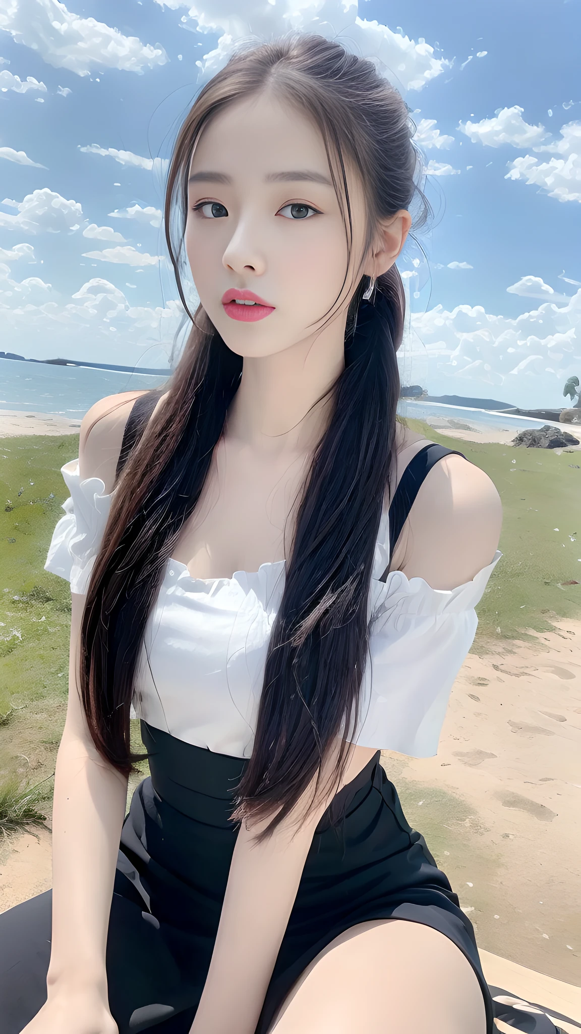 ((Best Quality, 8K, Masterpiece:1.3)), A beautiful girl, pure, melon face, gentle and cute, thin figure, partial head, leaning forward, short sleeve shirt, slit long skirt, high ponytail, black fluffy long ponytail hair, round black big eyes, clear big eyes, moist red lips, sweet, sitting, blue sky and white clouds, sunshine, beach background,