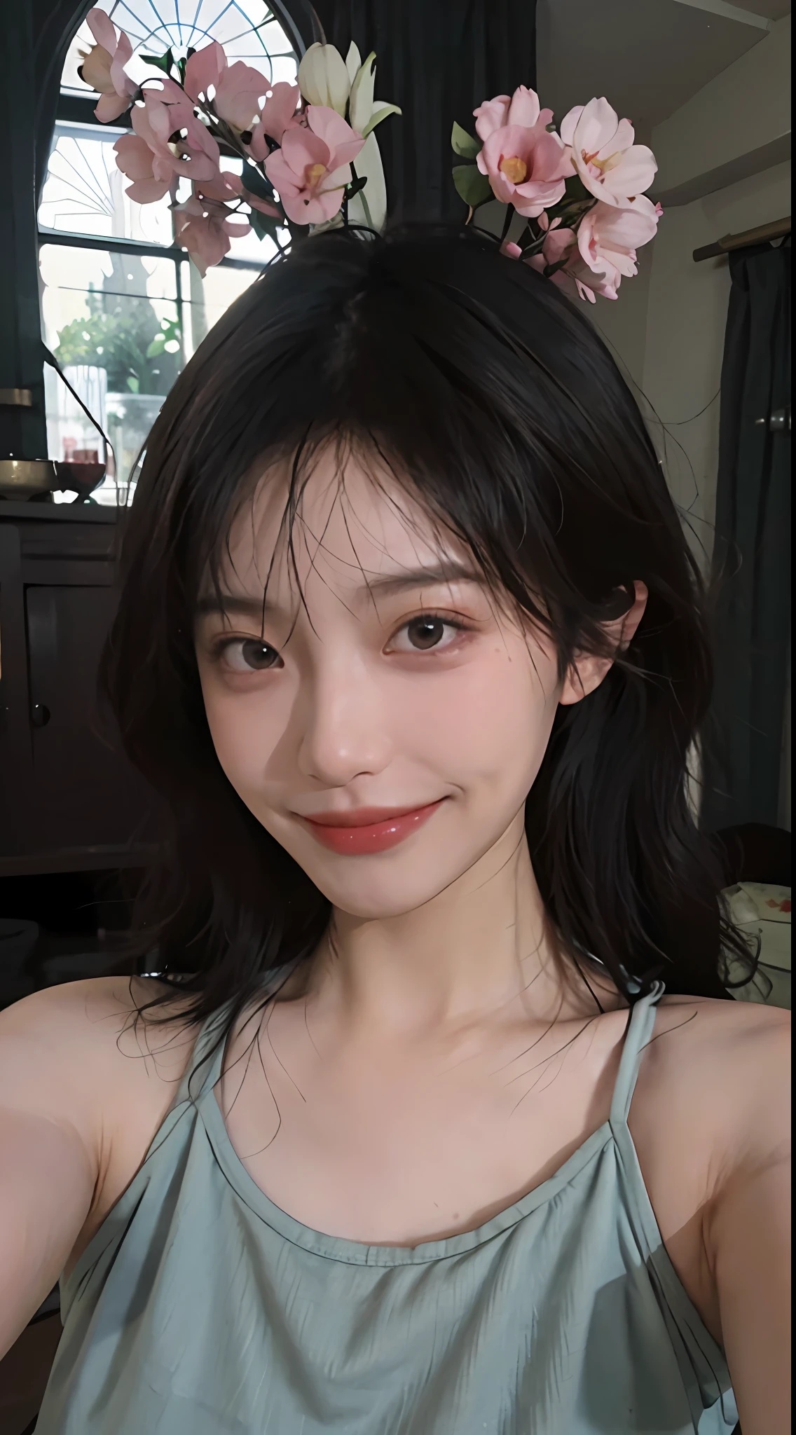 8K, Best Quality, Masterpiece, Ultra High Resolution, (Realism: 1.4), Original Photo, (True Skin Texture: 1.3), (Film Grain: 1.3), (Selfie Angle), 1 Girl, Beautiful Emerald Gemstone Eyes and Delicate Face Details, Pink Top, Masterpiece, Best Quality, Close-up, Upper Body, Looking at the Viewer, (Smile: 1.5)