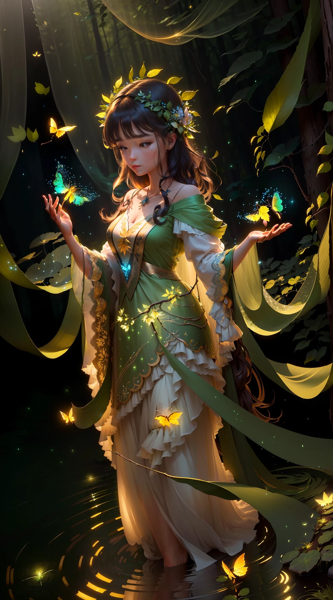 Masterpiece, best quality, extremely beautiful reflection, best reflection. (Very detailed CG unity 8k wallpaper), (best quality), (best illustration), (best shadow), forest theme with natural elements. Tall trees, quiet streams, glowing small mushrooms, surrounded by delicate leaves and branches, and fireflies and glowing particle effects, (natural elements), (jungle theme), (leaves), (branches), (fireflies), butterflies, (delicate leaves), (glow), (particle effects). , Isometric 3D, Octane Rendering, Ray Tracing, Super Detailed, 1girl, Station, Water, Girly, Drawing 1.3, Back 1.2, Face Detailed, Stereoscopic Features, Clear Facial Features