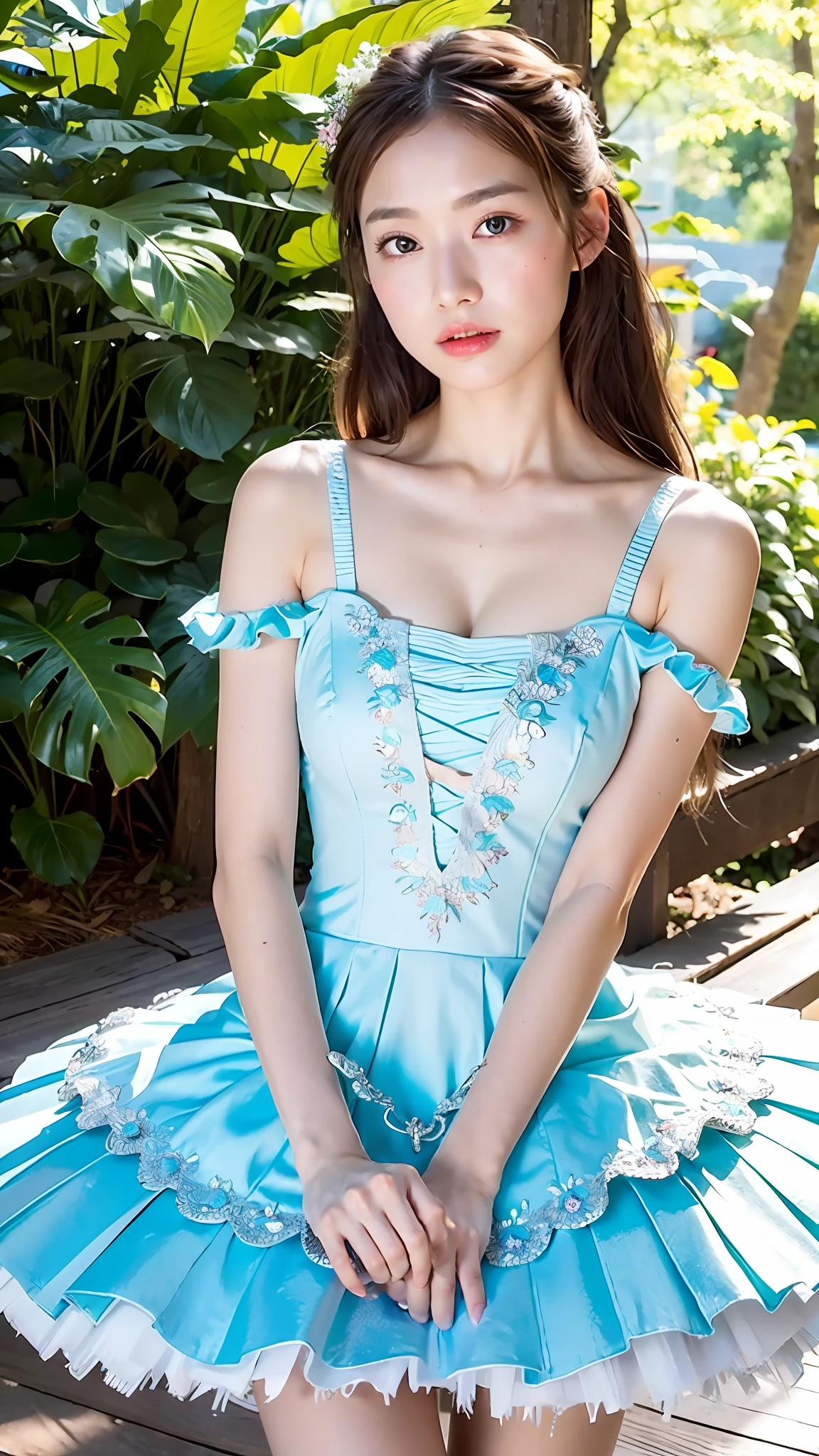 (Best quality, 8k, 32k, Masterpiece, UHD:1.2), Photo of Pretty Japanese woman, 1girl, (RAW photo), (realistic), (photorealistic:1.3), (high res), ultra detailed, Primaballerina_tutu, prima ballerina blue tutu, incredibly beautifull face and eyes, loli, round small face, (gigantic breasts), thin waist, cleavage, forest at dawn, (sweaty), from below,