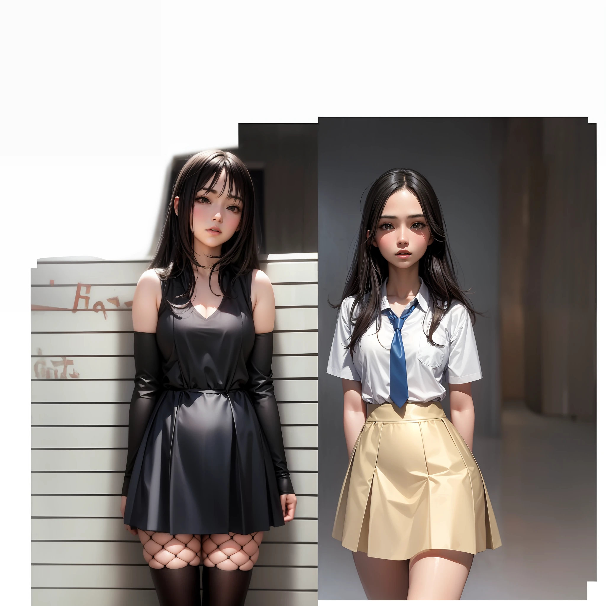 Best quality, masterpiece, ultra high resolution, (photorealistic: 1.4), raw photo, dramatic lighting, school background, school background, hallway, Japanese left girl, right girl american, different faces