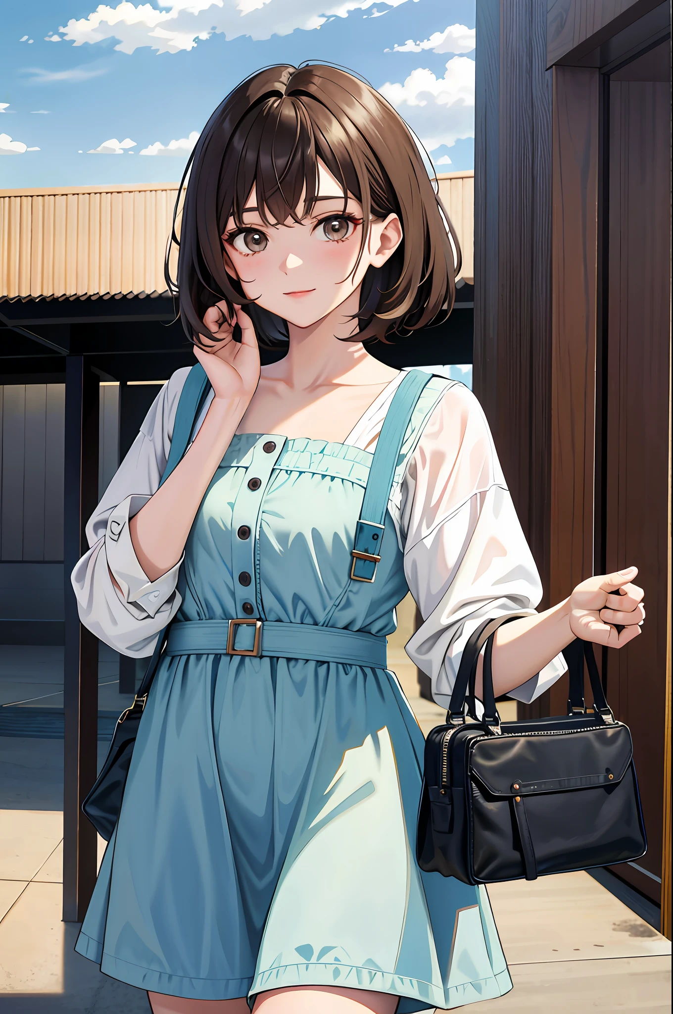 STU48 Kai Kokoai, Very Short Hair, Dark Brown Hair, (Masterpiece, Best Quality: 1.4), Cowboy Shot, Watch Viewer, Daylight, Cloudy Sky,