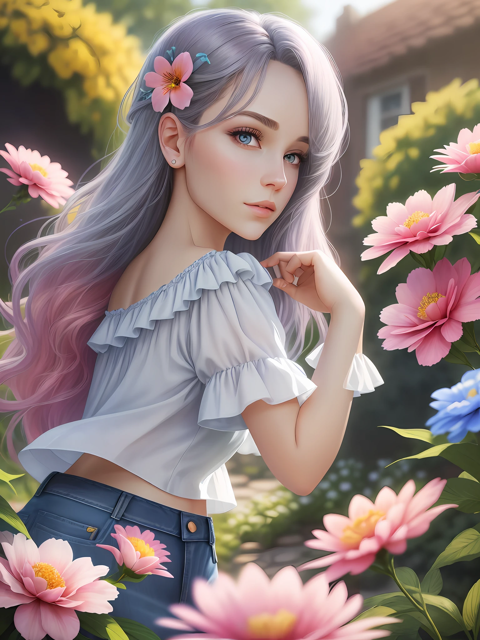 masterpiece, realistic, dull eyes, bright hair, beautifly, garden background, background with flowers, pink flowers, pink top, blue jeans skirt, 4k, HD, detailed, dark gray eyes