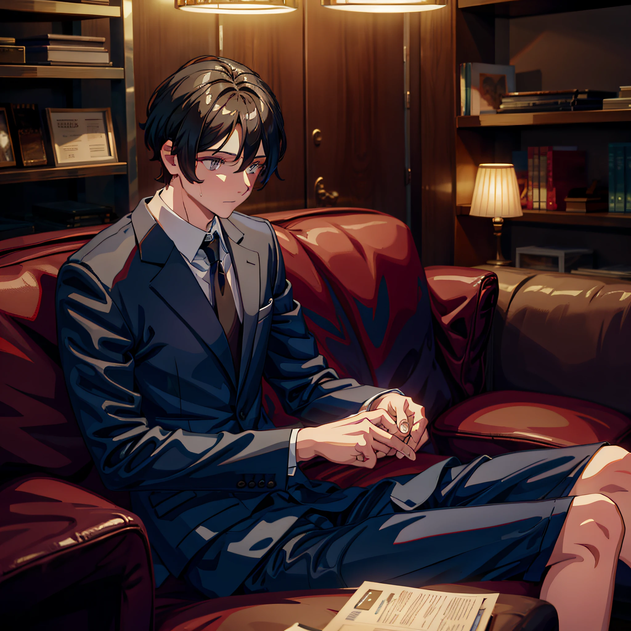 Male, short black hair, fine eyes, suit, sitting on the sofa, looking at his right hand, sweating