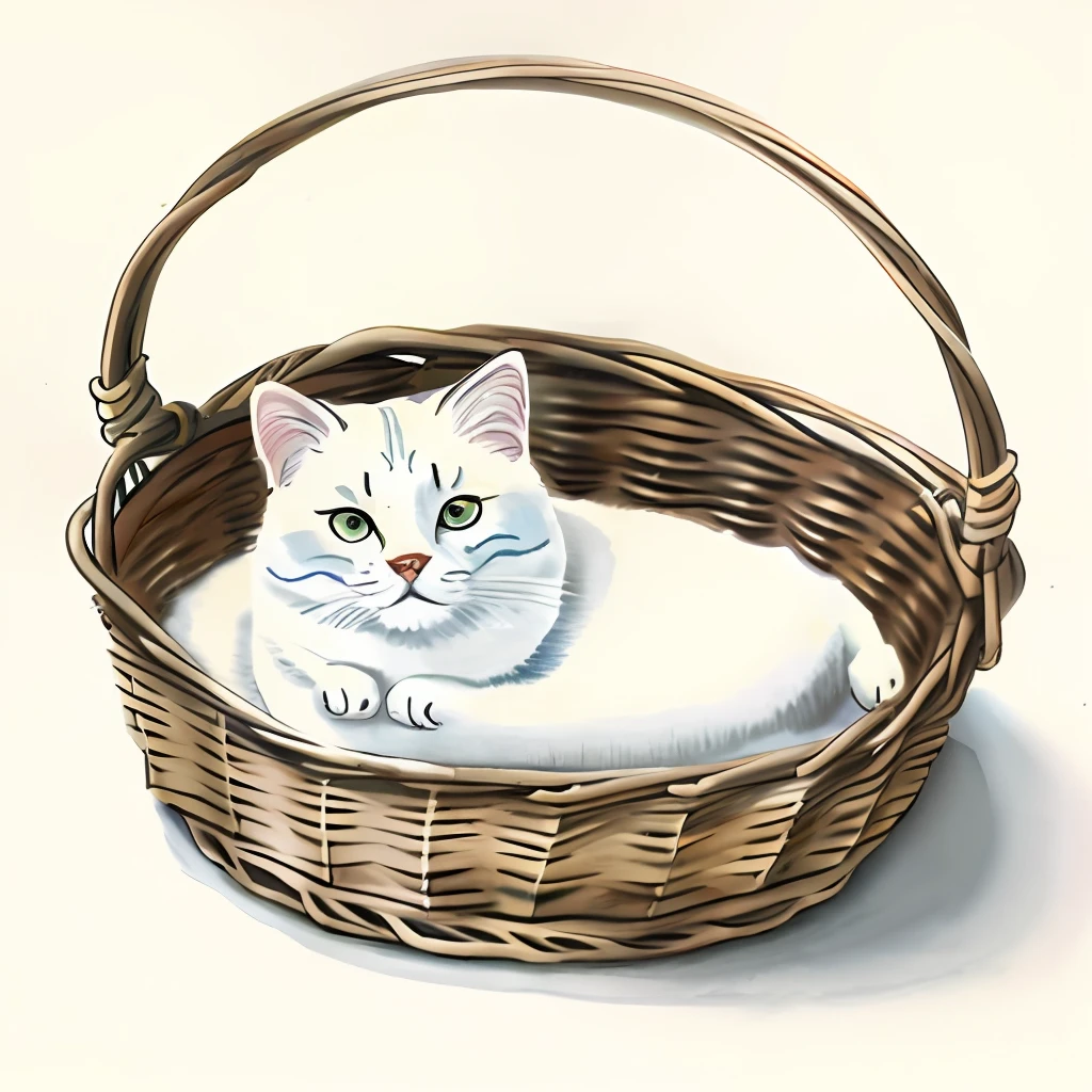 White paper background, masterpiece, water color, partial painting, cute little cat, sleeping in a basket.