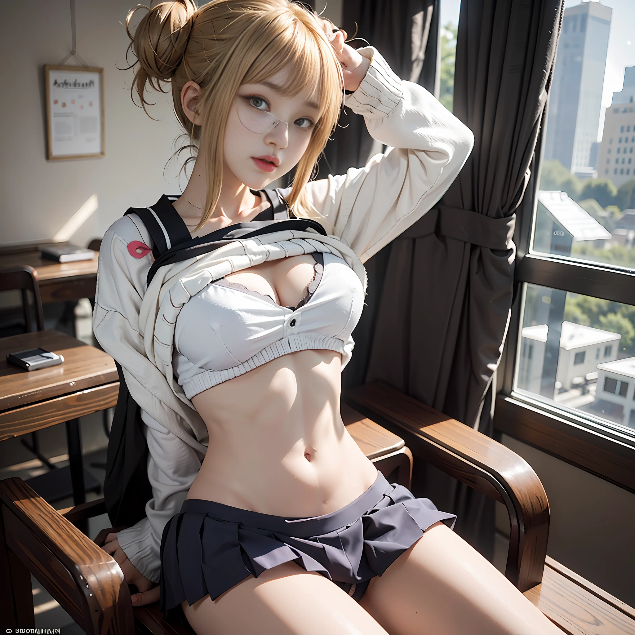 Toga lifting her shirt to reveal her ?????????, ?????????, bra, shirt lifting, cute, hot, blonde hair, ultra detailed, beautiful body, beautiful face, high quality, good ???????, school, classroom, sitting on desk, glasses, skirt