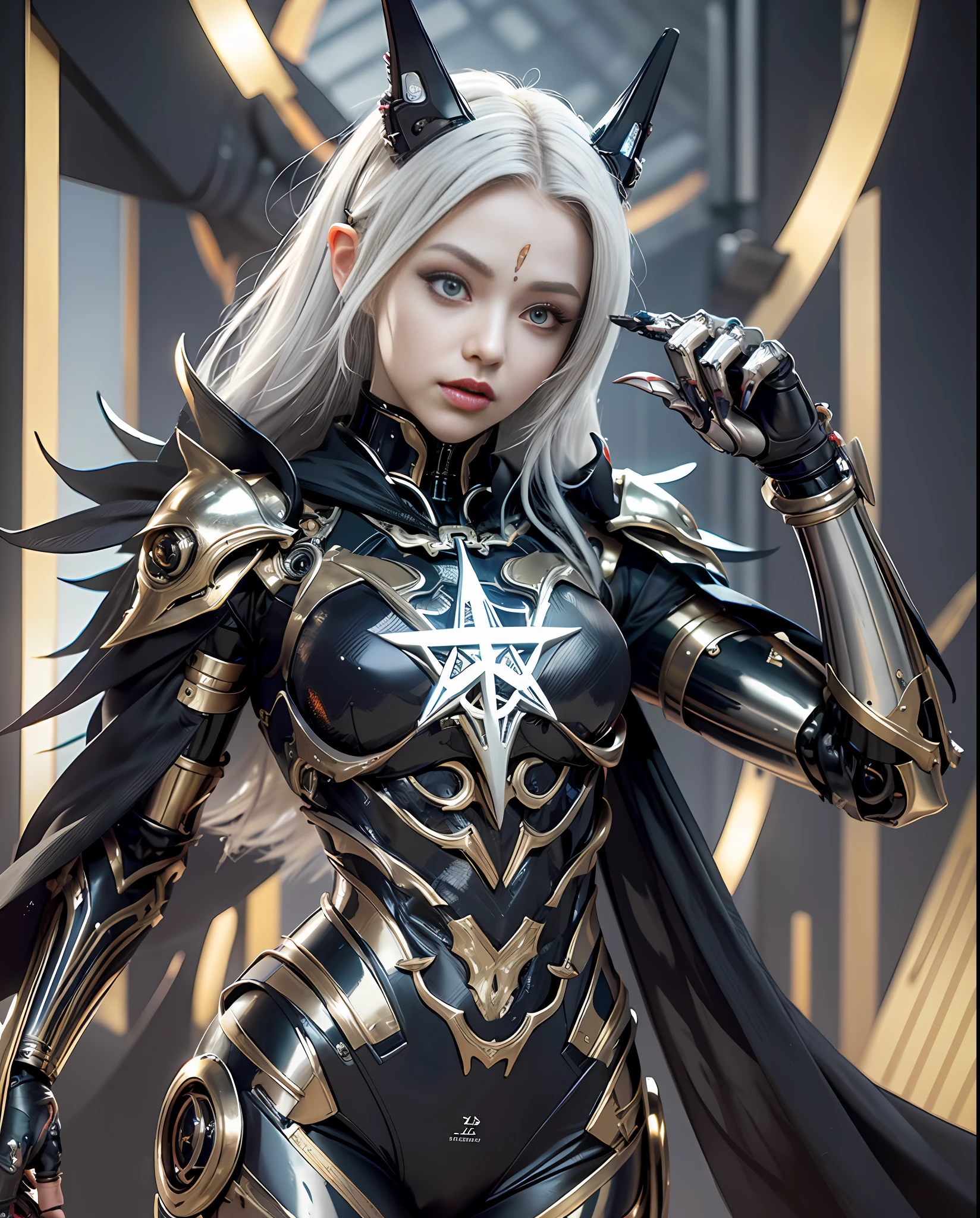 The metamorphosis Ashura god female, demon cyborg, robotic body parts, cyborg arms, cybernetic body parts, futuristic, symbiote gryphon, beauty, ashura god, hell domain, hyper detailed, hyper realistic, pentagram, wide shoot, realistic, RAW, 8K, insane detailed, insane realistic, brutallism, ashura sword, fashion inspired, on the big alien portal, assassin cloak, gold glossy 100 carats, silver chrome