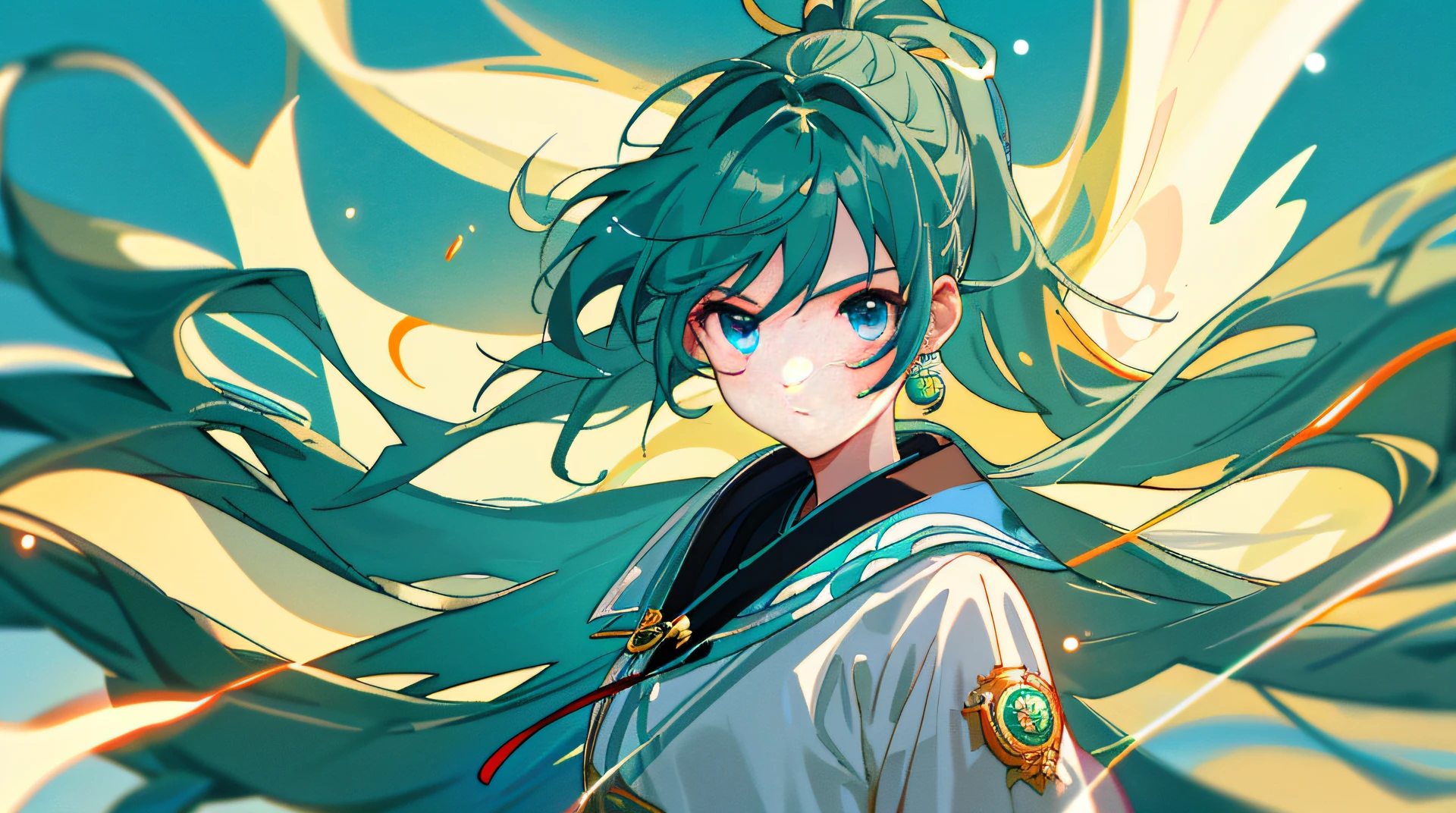 (Masterpiece), (Excellent), (Super Detail), (Messy Hair), (Illustration), (1 Girl) (Long Teal Hair 1.5) (Blue Eyes) (Double Ponytail 2.0), (Fashion Outfit), Standing, fashion model, looking at audience, (interview), (simple background), beautiful detailed eyes, delicate pretty face, floating, (high saturation), (colorful flash), colorful bubbles, (flare), focus on face --q 2 --v 6