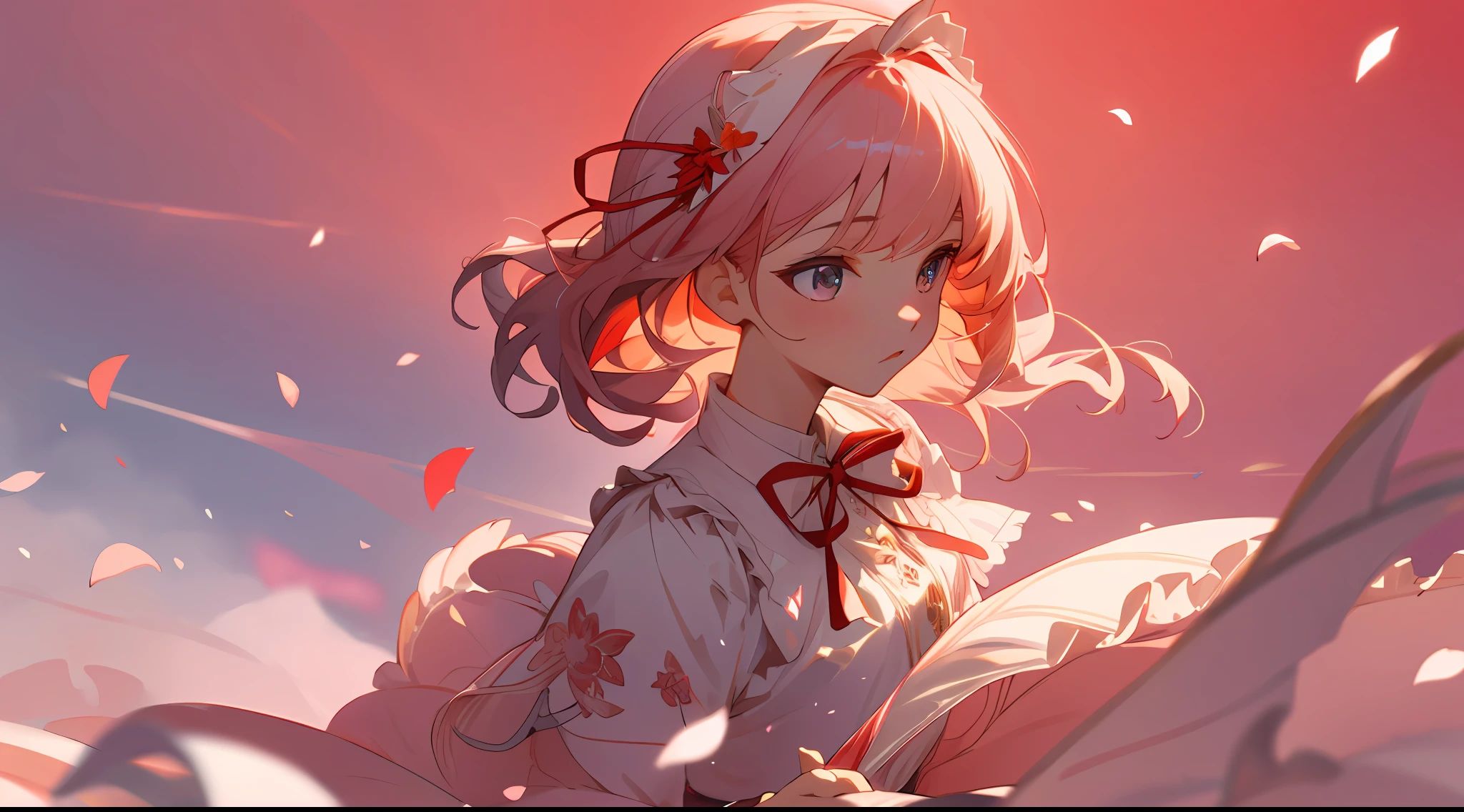 Medium view, medium shot, depth of field, bust, upper body, cinematic angle, masterpiece, best quality, super detailed, CG, 8K wallpaper, pretty face, delicate eyes, a maiden, solo, double tail, shirt, skirt, petals, hair accessories, headbands, red ribbons, falling petals, depth of field, intense bloom, red background