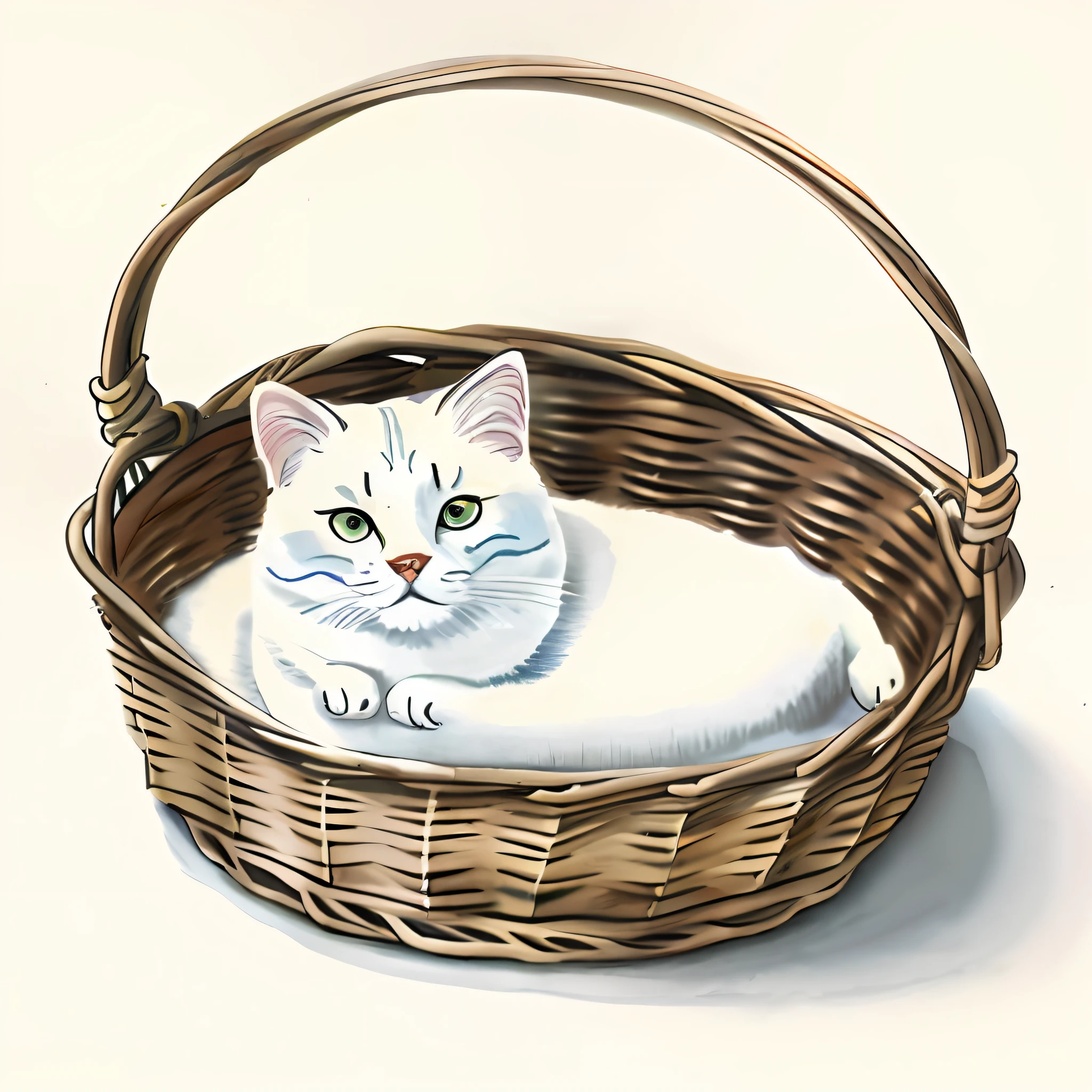 White paper background, masterpiece,  water color, partial painting, cute little cat, sleeping in a basket.