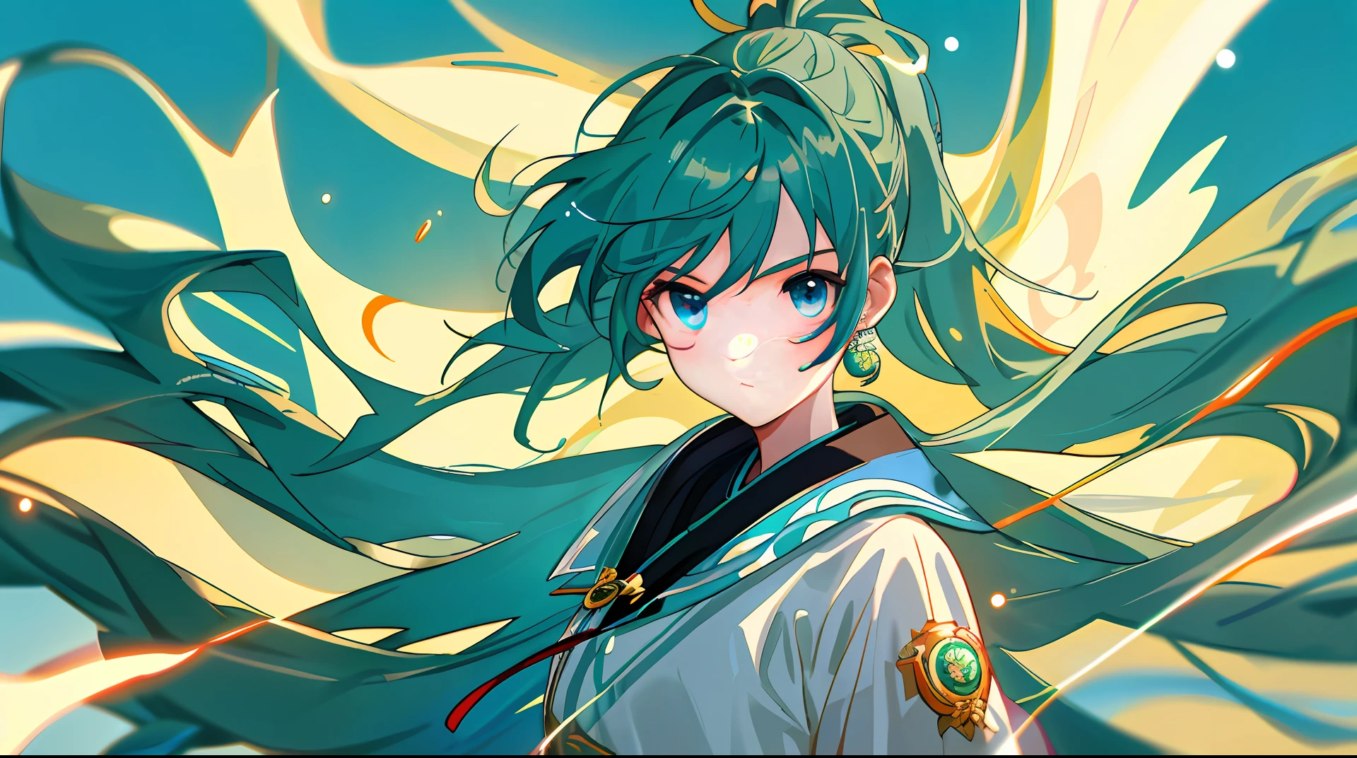 (Masterpiece), (Excellent), (Super Detail), (Messy Hair), (Illustration), (1 Girl) (Long Teal Hair 1.5) (Blue Eyes) (Double Ponytail 2.0), (Fashion Outfit), Standing, fashion model, looking at audience, (interview), (simple background), beautiful detailed eyes, delicate pretty face, floating, (high saturation), (colorful flash), colorful bubbles, (flare), focus on face --q 2 --v 6