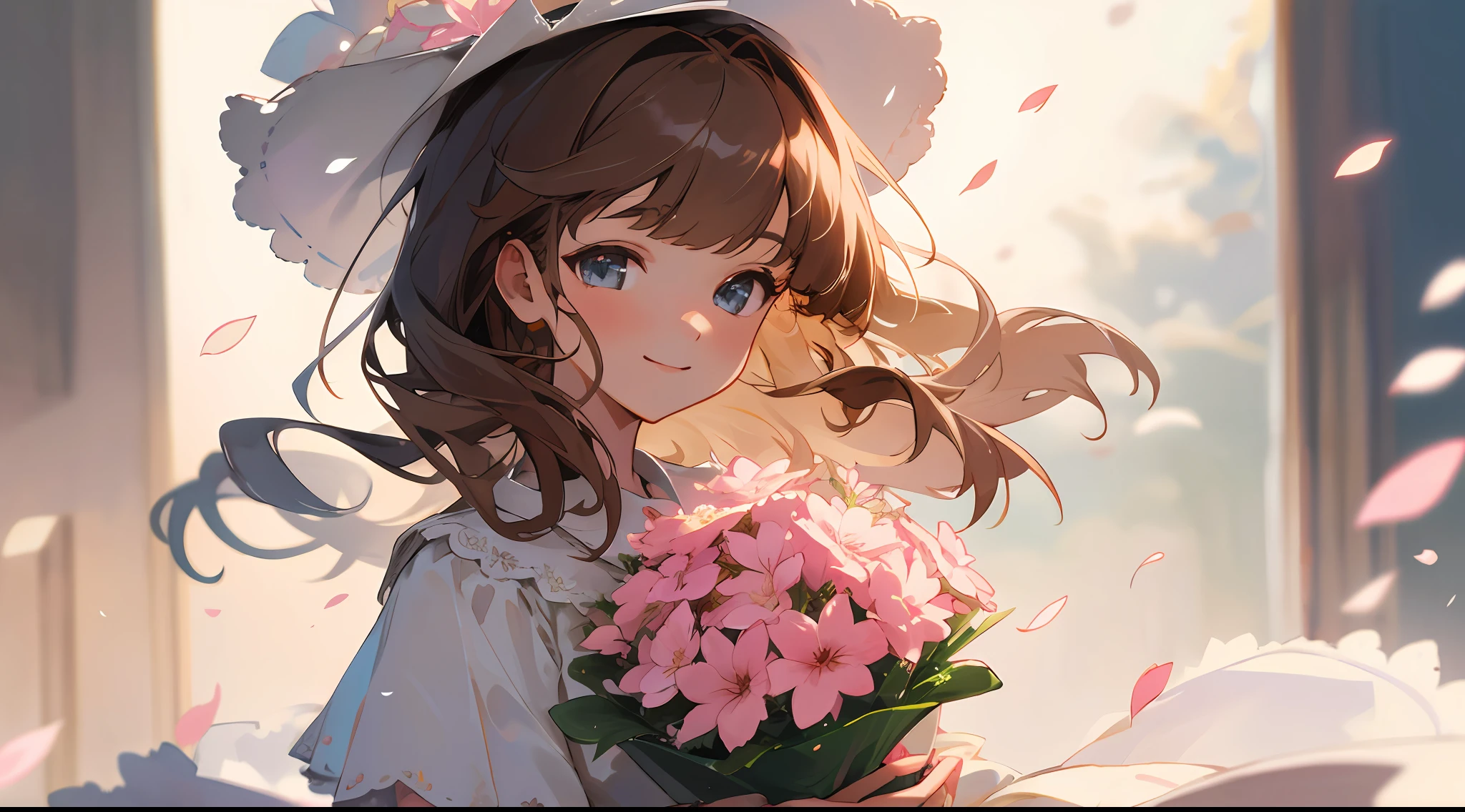 Medium view, medium shot, depth of field, bust, upper body, cinematic angle, masterpiece, best quality, super detailed, CG, 8K wallpaper, beautiful face, delicate eyes, a maiden, solo, smile, bangs, skirt, shirt, hat, dress, bow, petals, bouquet