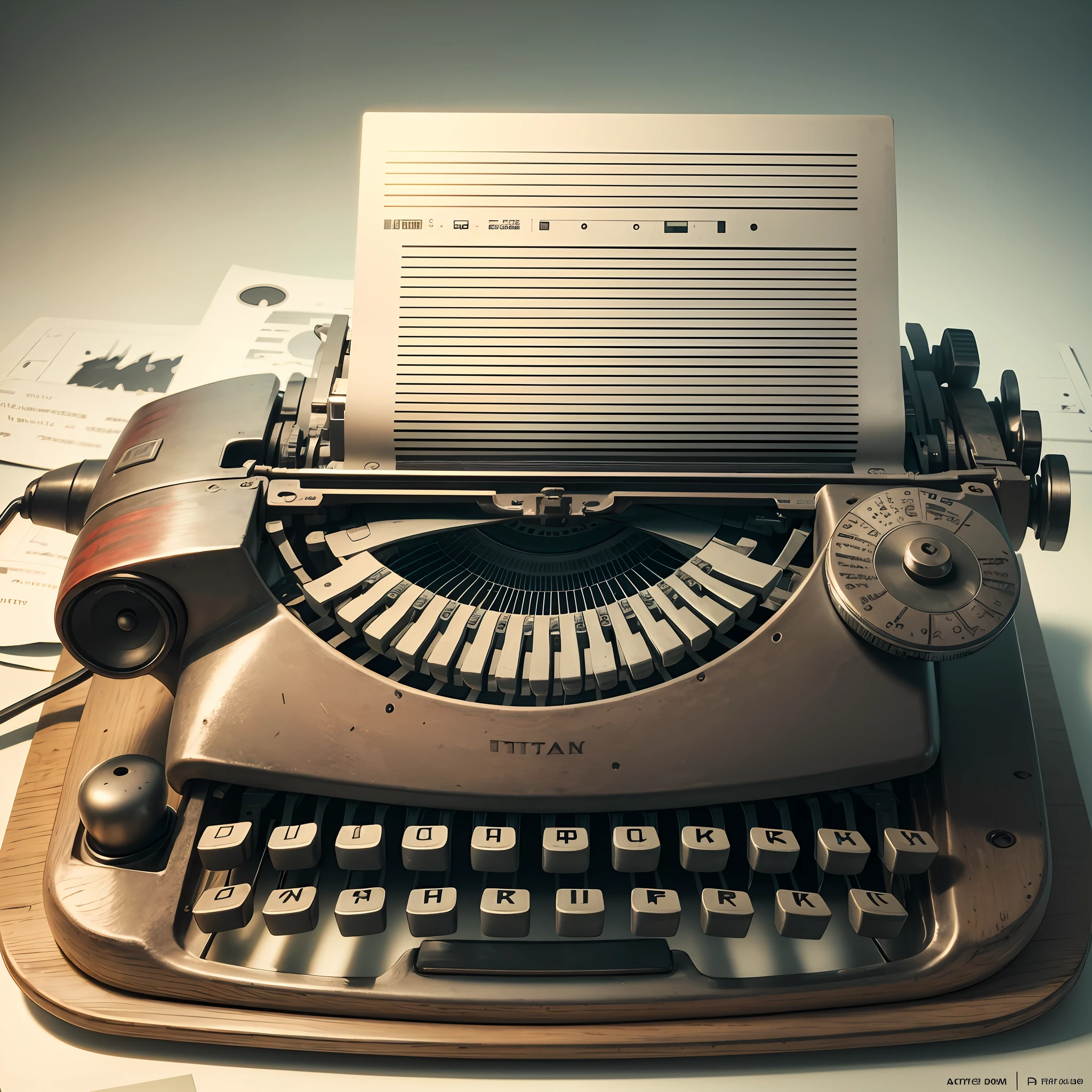 Studio, ultra-realistic, old-fashioned Apple typewriter photography, with a paper with color images, rendered, minimalist, on an old desk. Lighting focused on the machine mirrored Apple logo, paper containing the images in blog style, ((centralized machine)) with smooth gray background as if it were floating. , 3D, 8k, longest distance from object --auto --s2