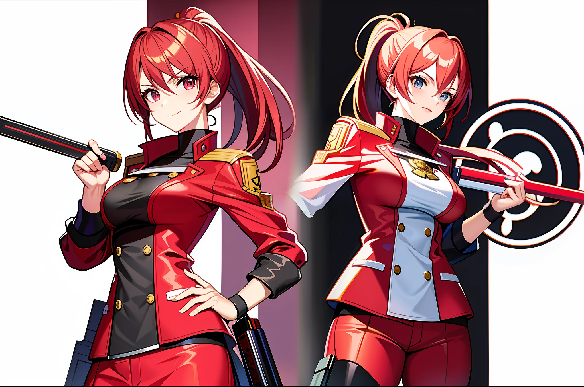 masterpiece,(best quality),anime girl in a red and white uniform with a gun, cushart krenz, female protagonist 👀 :8, cushart kenz, female magical anime. Girl guilty gear art style, sakura kinomoto, anime style character, anime character design, female anime character, katana zero video game character, sakura haruno, fullbody, ponytail( ( character concept art ) )