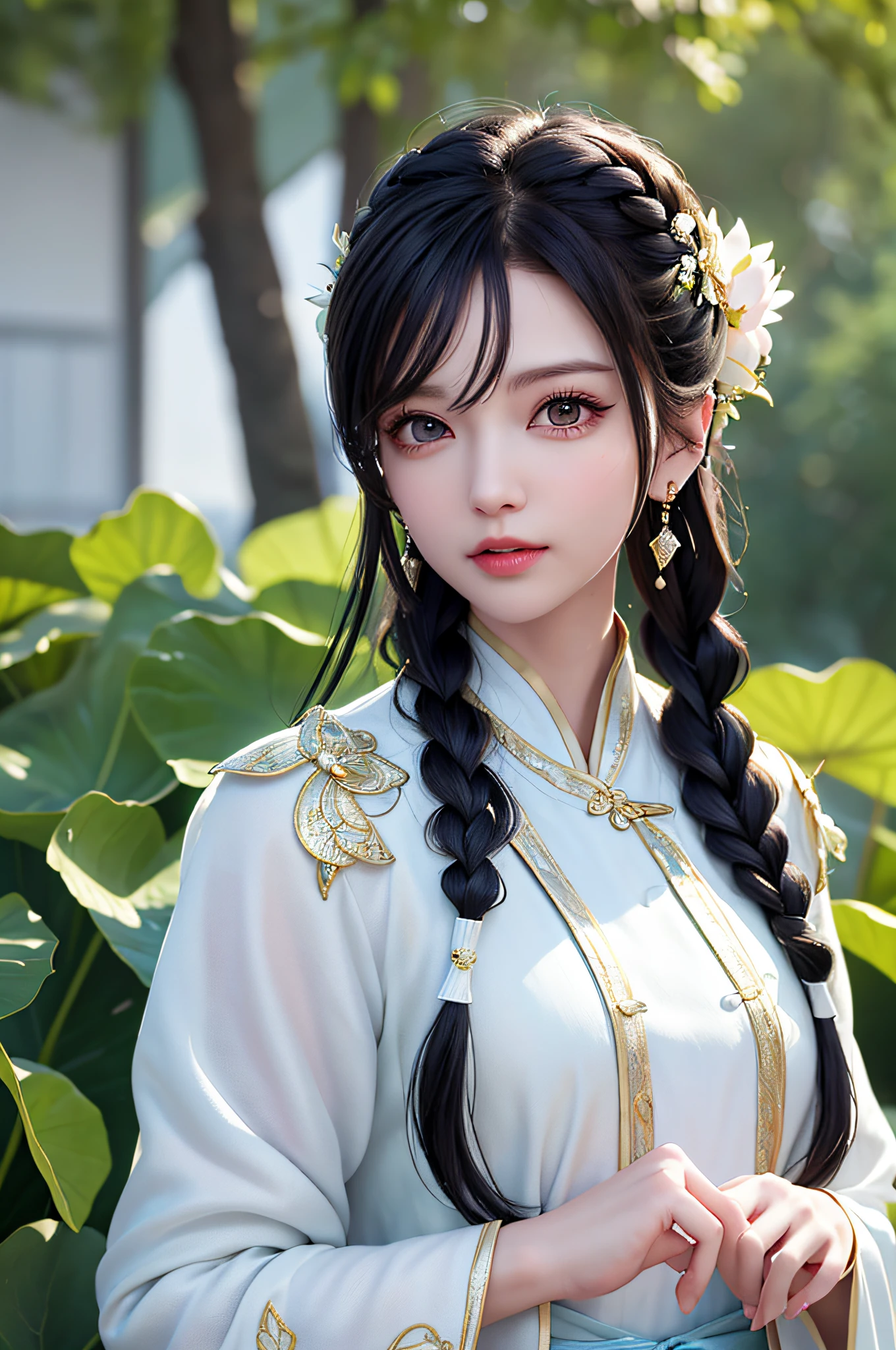 (Top Quality, Masterpiece: 1.2), Ultra High Resolution, Realistic, Front Lighting, Intricate Details, Exquisite Detail and Texture, 1 Girl, Solo, (Young), Face Highlights, Upper Body, Detailed Face, Teardrop Moles, Shiny Skin, Silver Hair, Ponytail, Braid Hair, Look Viewer, Big Eyes, Silk Robes, (Hollow Pattern, White, Silk), Earrings, Small Breasts, Slim Body architecture, East Asia, riverside, lotus leaf, lotus flower, forest, professional lighting, photon mapping, radiosity, physically based rendering, ((hair bunched up over head)), huge, {{{masterpiece, best quality, illustration,game_cg}, sexy (hair bunched up over the head)