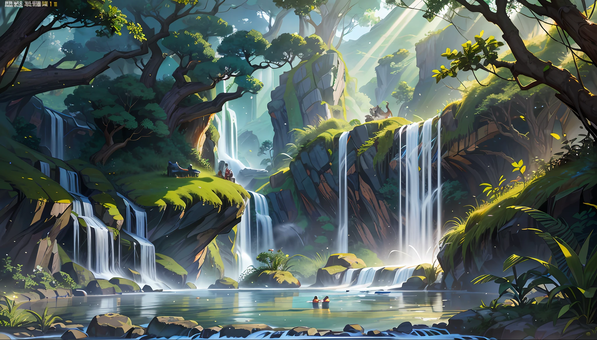 Chinese ancient times, spring, jungle, lake, cave, waterfall, tree, meadow, rock, deer, hot spring, water vapor, (illustration: 1.0), epic composition, realistic lighting, HD details, masterpiece, best quality, (very detailed CG unified 8k wallpaper)
