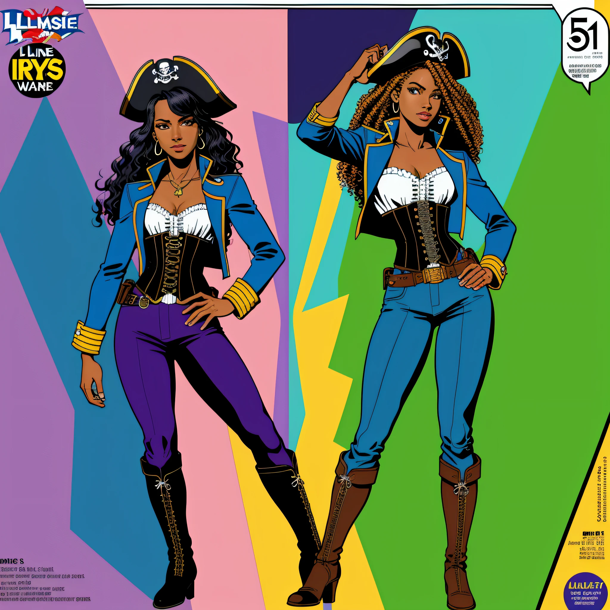 (comic style:1.3), (line art:1.5), (full body),(masterpiece, award winning, best quality:1.3), (flat color:1.3),(colorful:1.3), (solo), 1girl,  Haitian woman standing on a pirate ship, long  curly black hair, wearing a blue captains jacket, captains hat, purple pants, corset, art by Jim lee, cinematic, masterpiece, pirate ship , detailed background, detailed material textures, serious, realistic 1.35, muscular 1.2