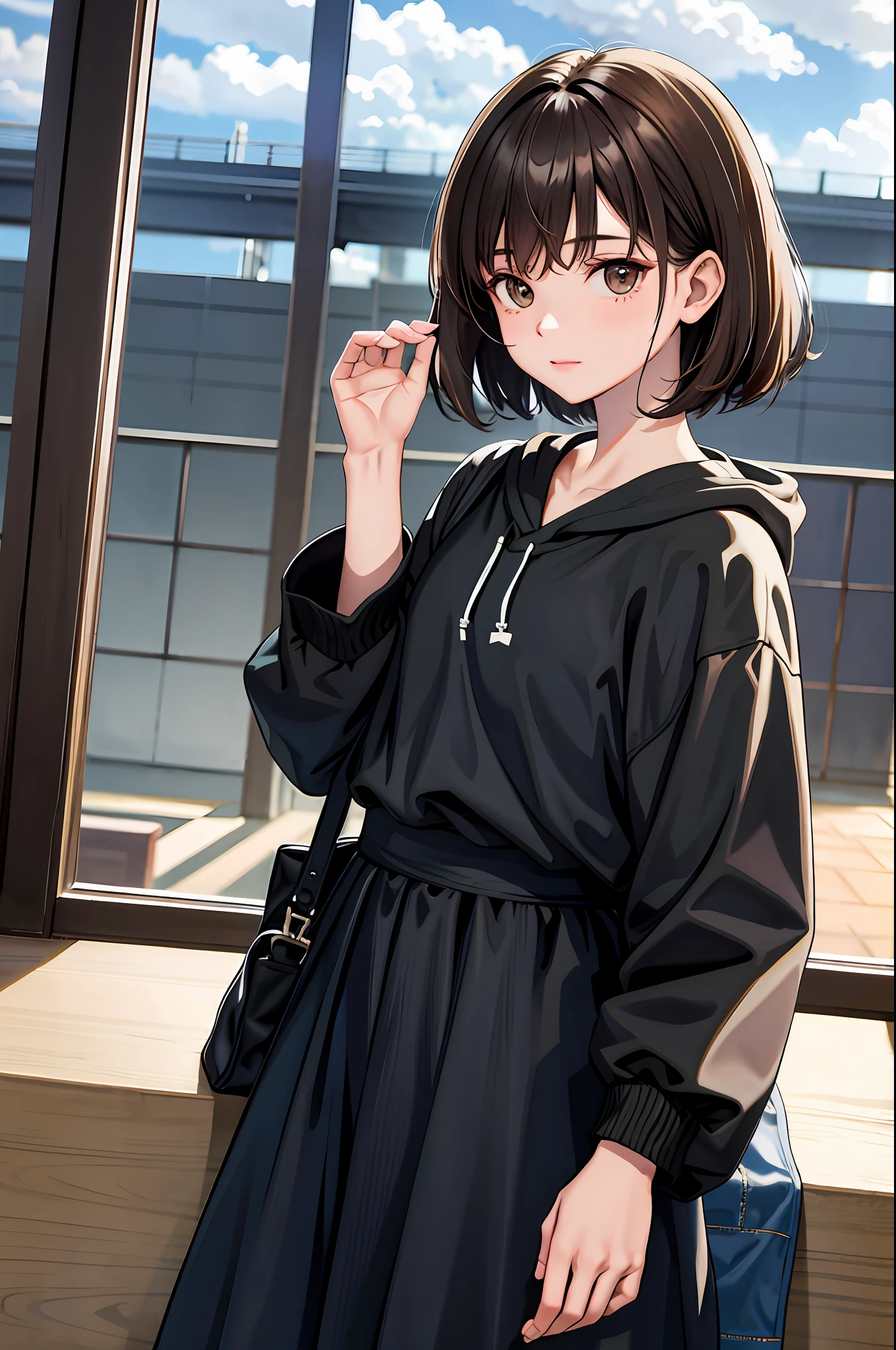 STU48 Kai Kokoai, Very Short Hair, Dark Brown Hair, (Masterpiece, Best Quality: 1.4), Cowboy Shot, Watch Viewer, Daylight, Cloudy Sky,