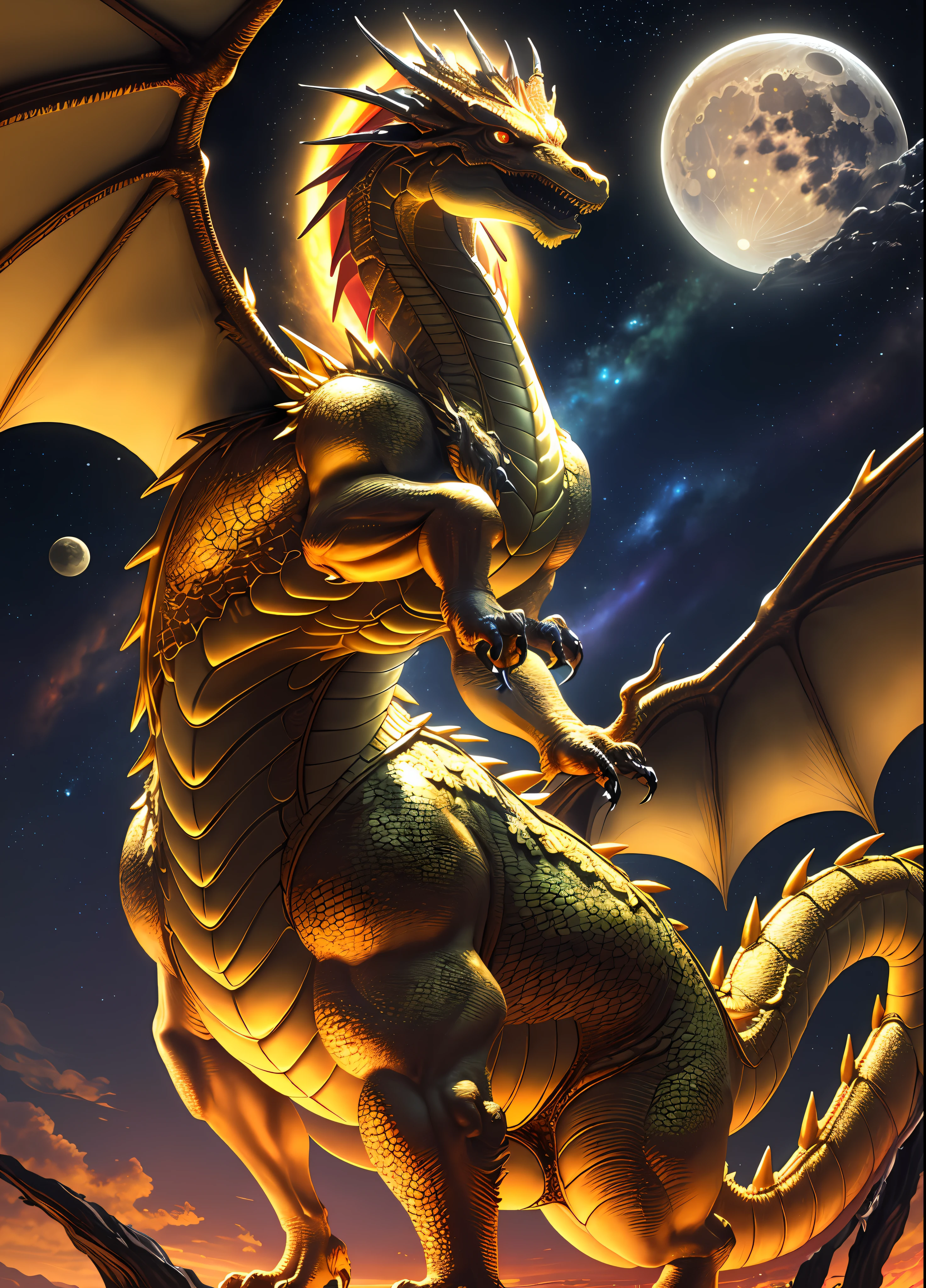 Hyperrealistic, Super Detail, Photorealistic, Golden Dragon, One Head, Straight to the Heavens, Moon, Rainbow Balls in Hand, Four Limbs, No Feathers
