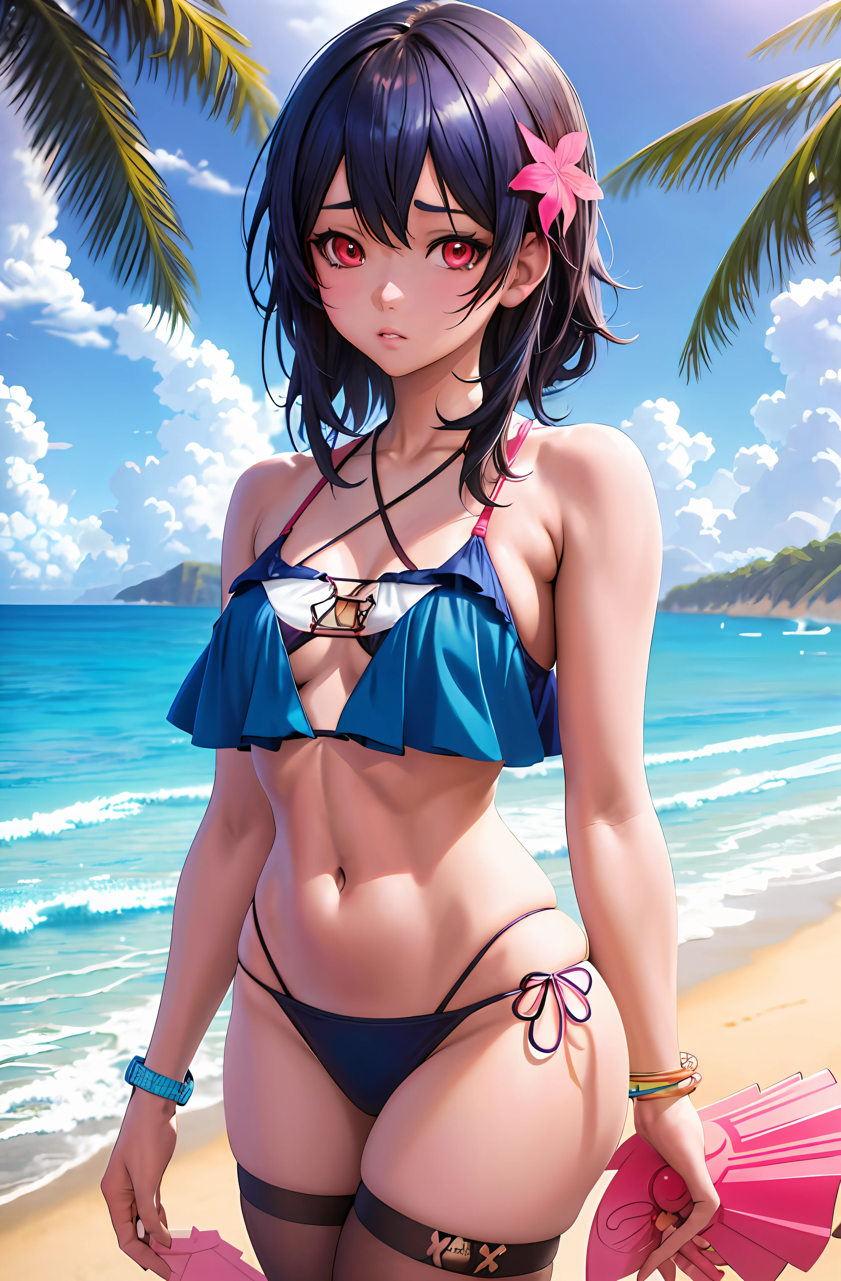 anime girl in bikini on beach with palm tree and ocean, in the beach, at a beach, anime moe artstyle, guweiz on pixiv artstation, guweiz, at the beach, artwork in the style of guweiz, detailed digital anime art, guweiz on artstation pixiv, 4k anime wallpaper, seductive anime girl