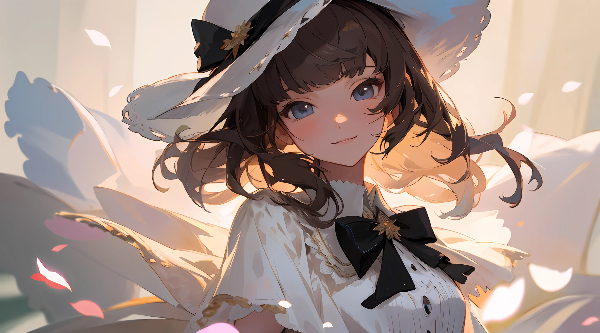 Medium view, medium shot, depth of field, bust, upper body, cinematic angle, masterpiece, best quality, super detailed, CG, 8K wallpaper, beautiful face, delicate eyes, a maiden, solo, smile, bangs, skirt, shirt, hat, dress, bow, petals, bouquet