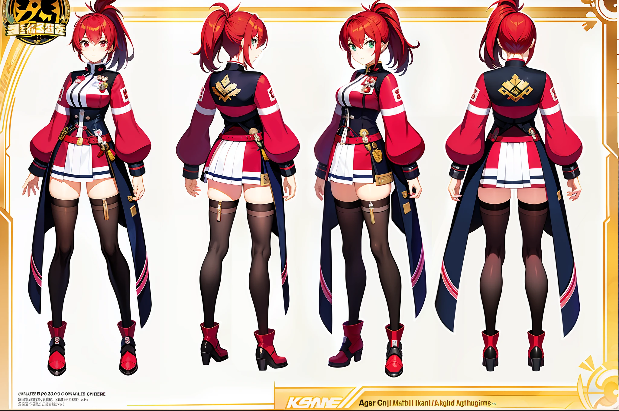 masterpiece,(best quality),anime girl in a red and white uniform with a gun, cushart krenz, female protagonist 👀 :8, cushart kenz, female magical anime. Girl guilty gear art style, sakura kinomoto, anime style character, anime character design, female anime character, katana zero video game character, sakura haruno, fullbody, ponytail( ( character concept art ) )