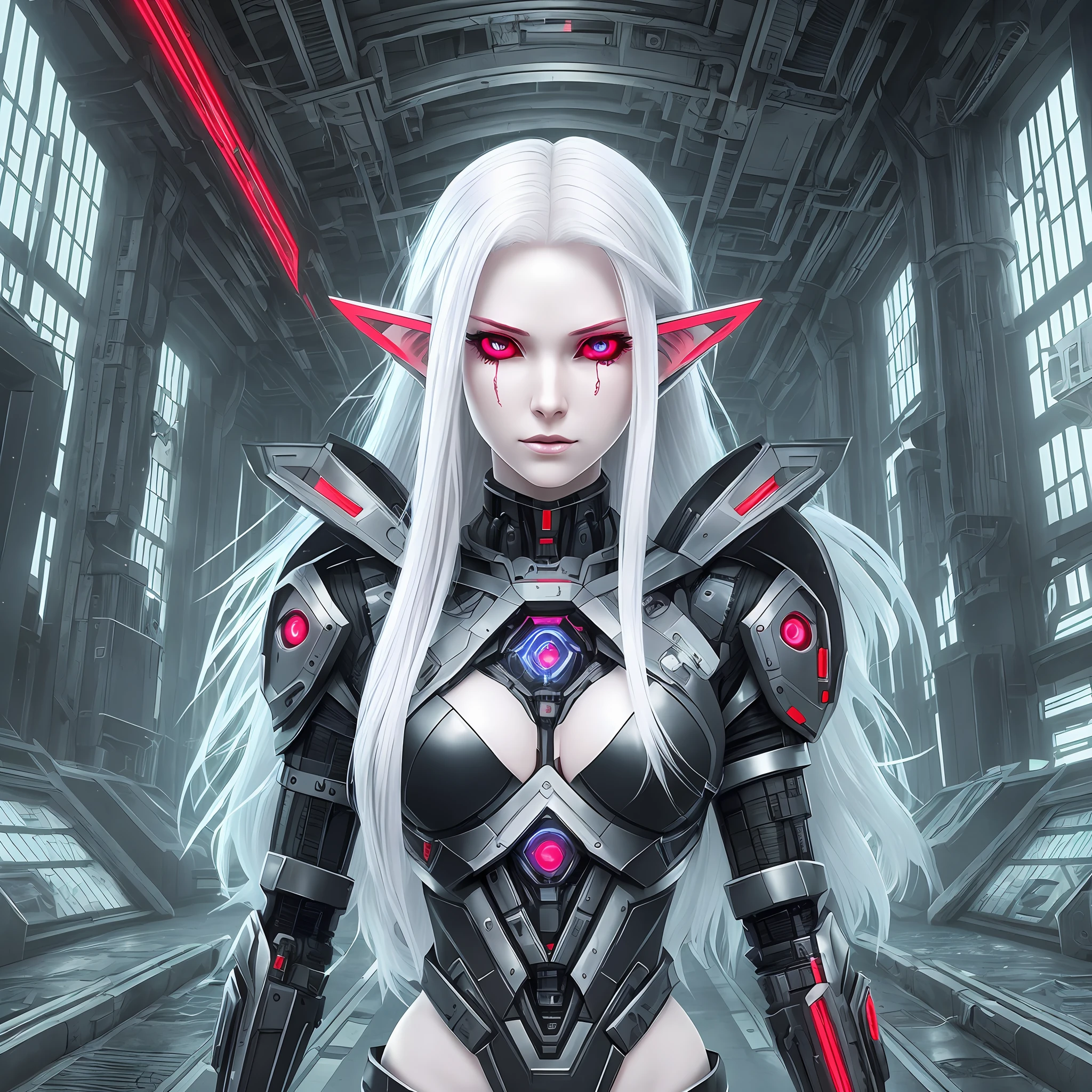 woman, pale skin, robotic body, full hd, 8k, neo CRISPR grimes fantasy, long hair, red locks, white hair, cybernetic eyes with laser,elf ears, cyberpunk aeshetic, no bugs --auto --s2