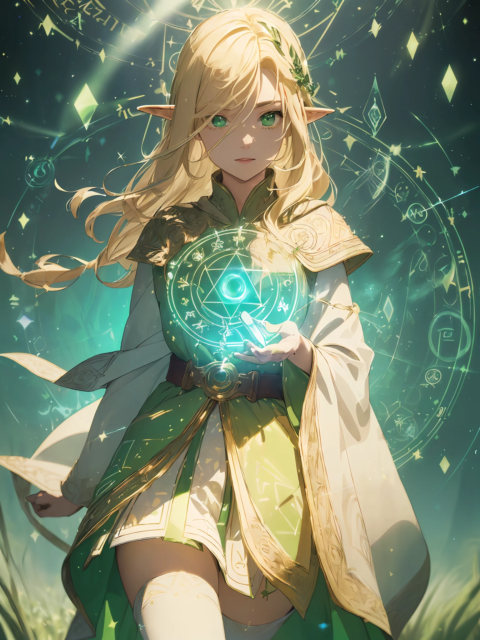 (((Masterpiece, highest quality, high definition, high detail)))), ((((Fantasy)))), one, (Elf woman)))), (short white skirt embroidered with gold), (Blonde long straight hair), (Fine dark green eyes)))), (Green cloak armor with gold embroidery)), Big, (Strong wind), (Cast spells)), (A lot of glowing grains are flying), ((( A vortex of light gathers in the hand))), (((Magic circle of light densely drawn with geometric patterns and magic letters in the background))), ((Many glowing green arrows are released)), forest, magic circle reflected in cloak