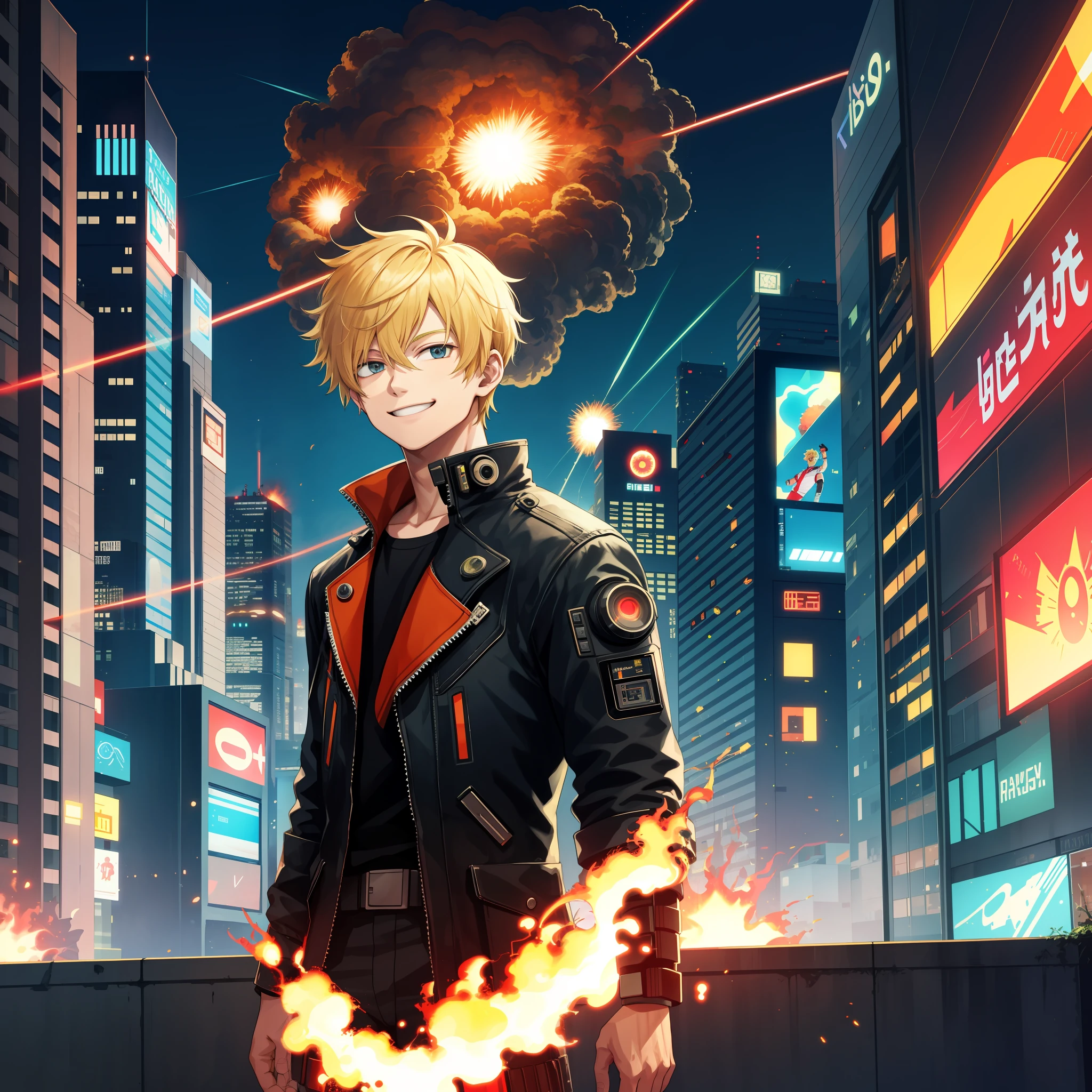 cyberpunk, city, one-boy, blonde, black eyes, cyborg, happy smile, nuclear explosion, burning