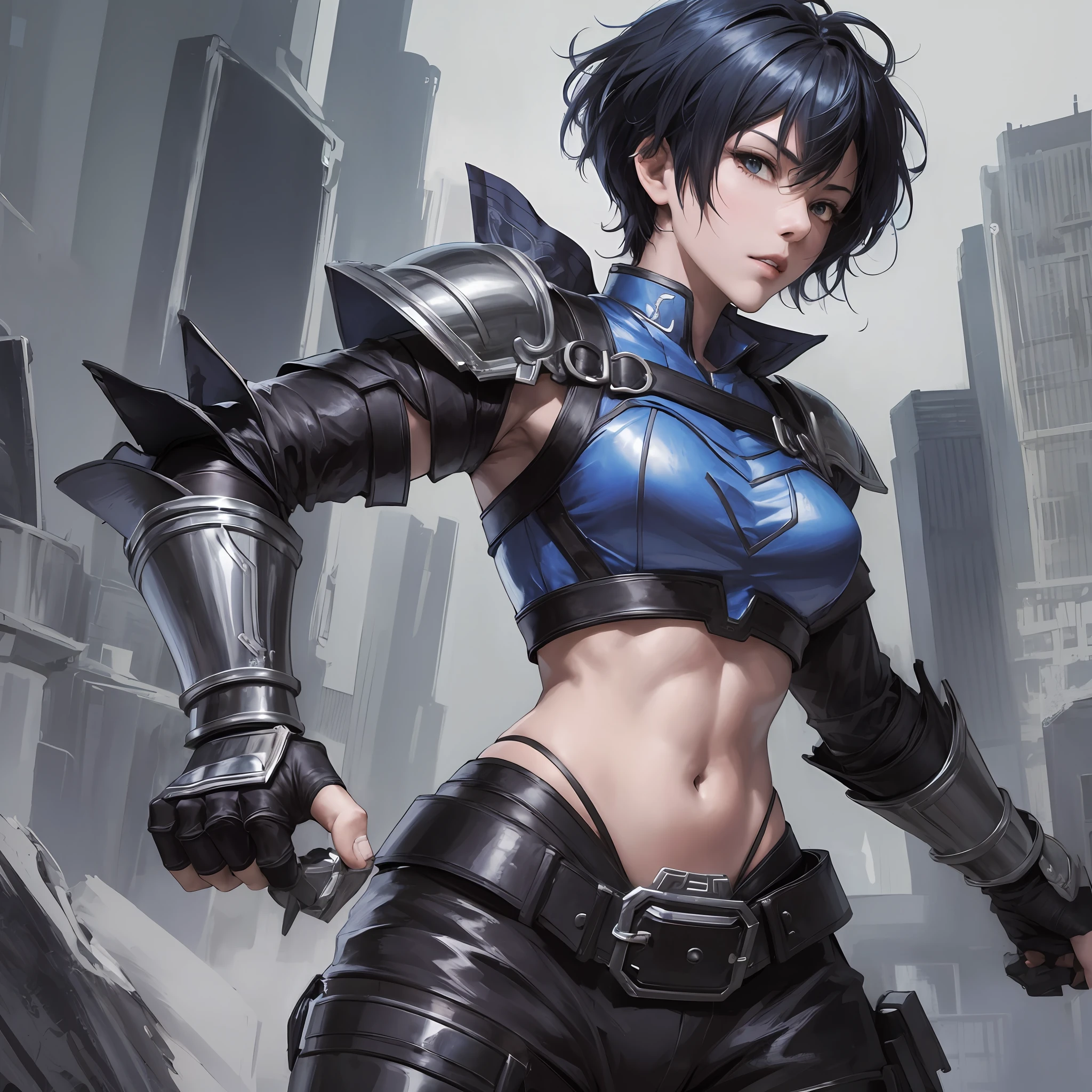 Strong woman with short blue hair, with black Japanese armor on the torso, with bare arms and black gauntlets, wearing black baggy Japanese pants