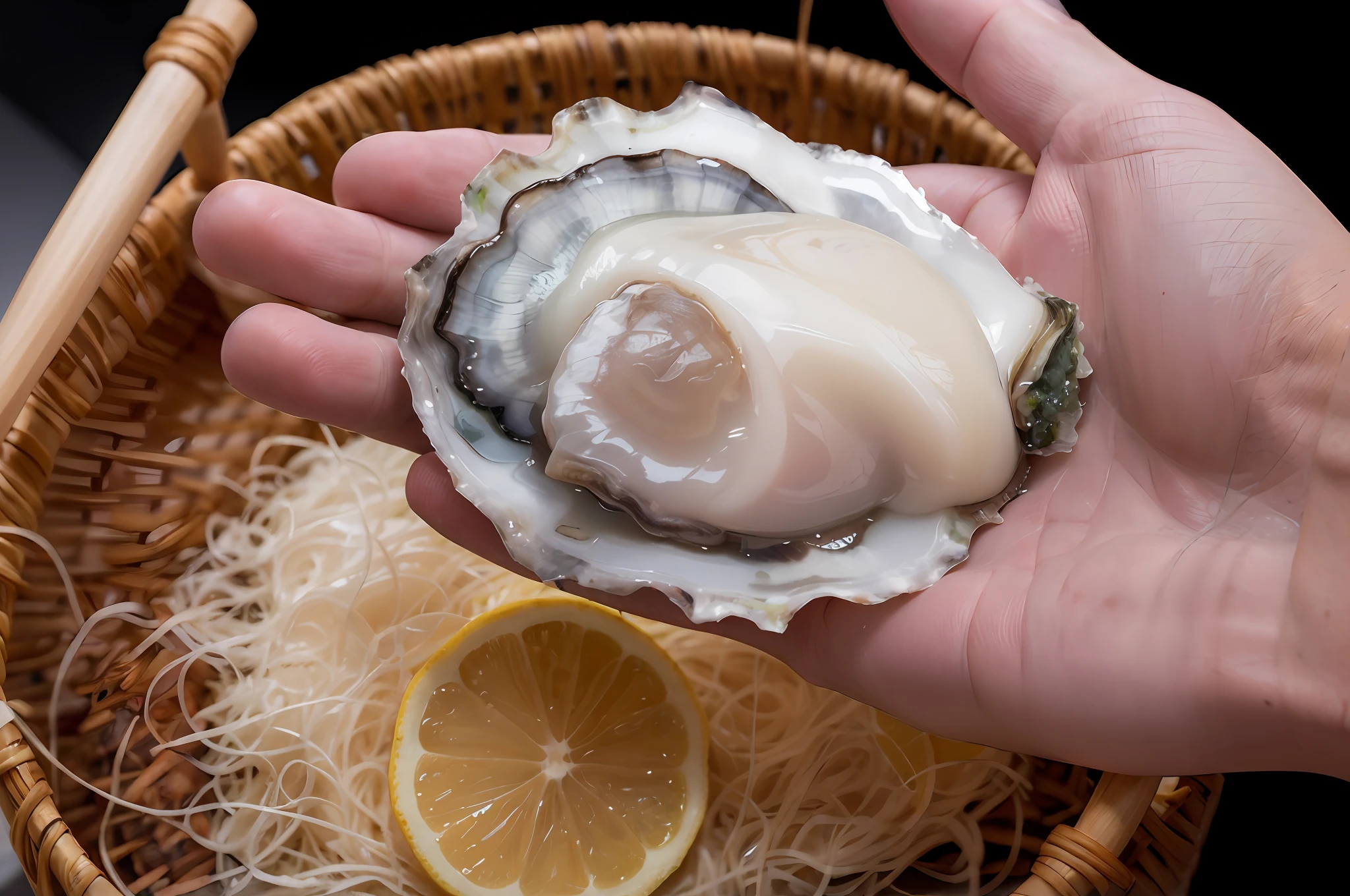 someone holding a half of a oyster in a basket with a lemon slice, oysters, delicacy, ❤🔥🍄🌪, high quality product image”, abalone, momoshiki ōtsutsuki, yummy, 8 h, shui mo hua, hyperdetailed!, easy, adult, medium portrait, daoshu, nacre, krystal, great quality )