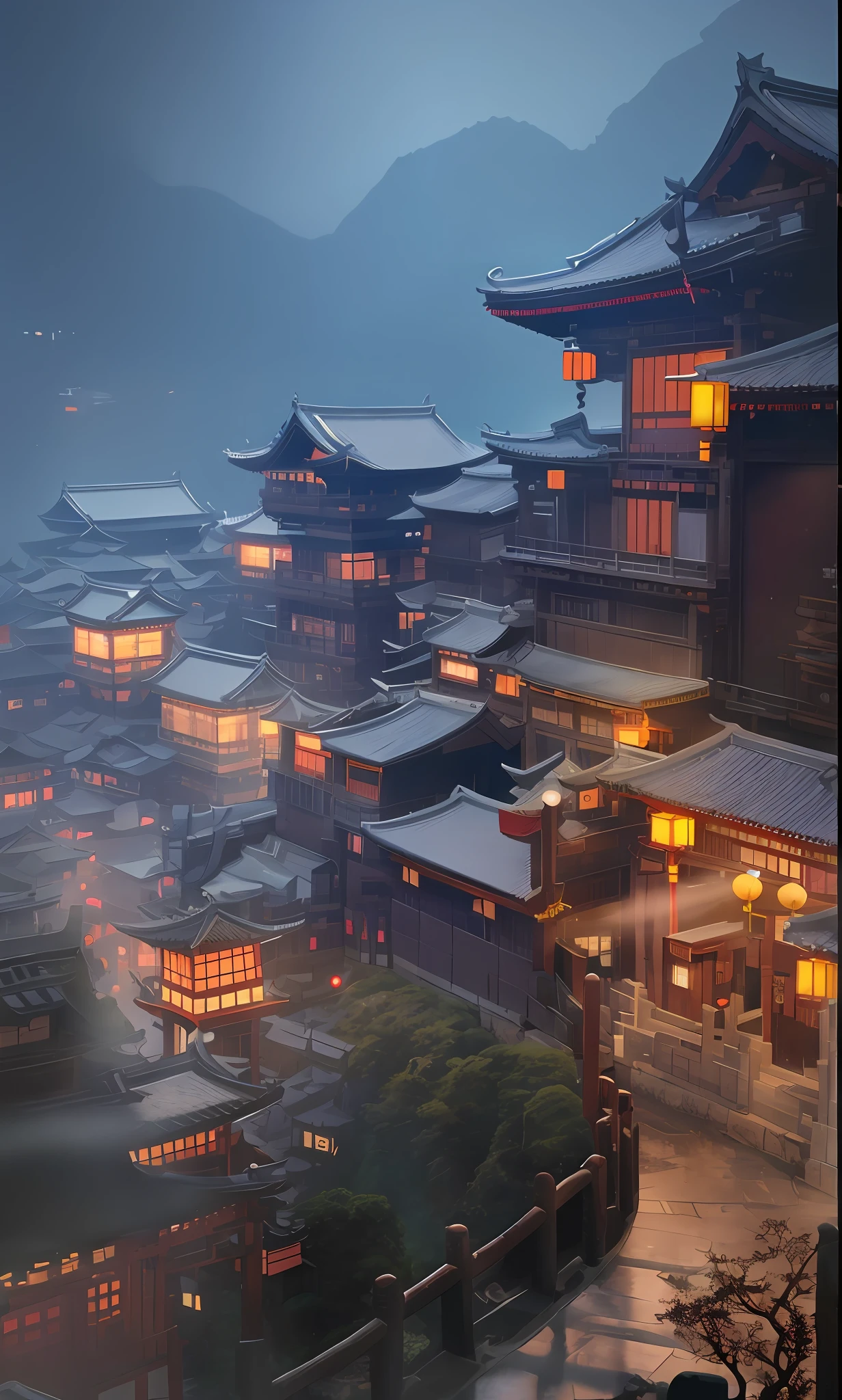 (Andreas Rocha Style:1.2),(Andreas Rocha Style),Bright City:0.8,City of Japan at night,Ancient Chinese Castle,Ancient Chinese Architecture,China Chinese Town,Japan Style, Tang Dynasty Rendering, Rostlán:0.8,Jiufen, City with Dark Japan,Scenic Background, Cyberpunk:0.9